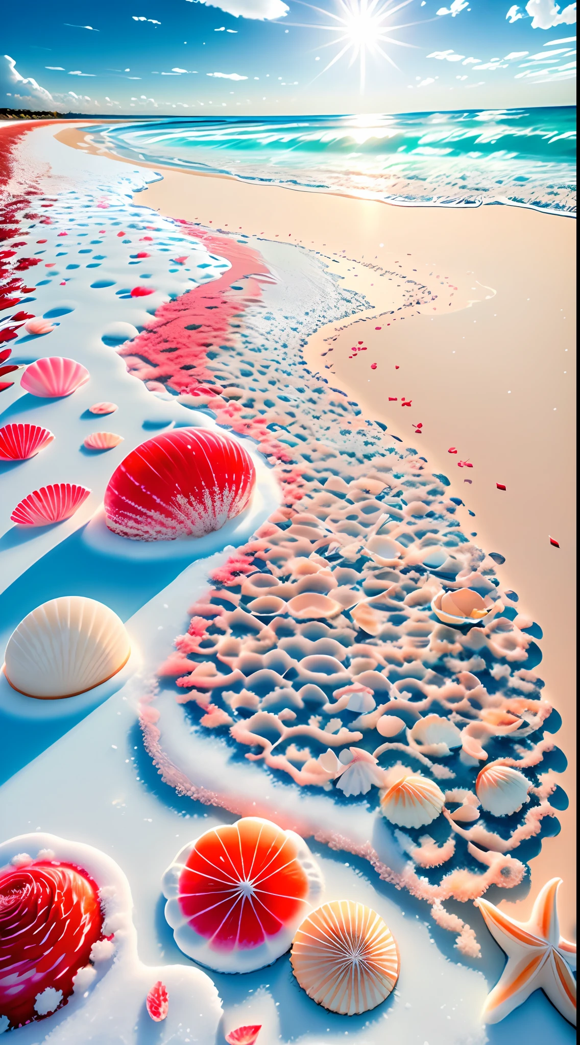 delicate scene,depth of field, 8K, The ivory sky,white clouds,and sunlight shine on the snow-white beach. The coral sea,and many colorful tinny shells on the beach,red roses, roses focus,