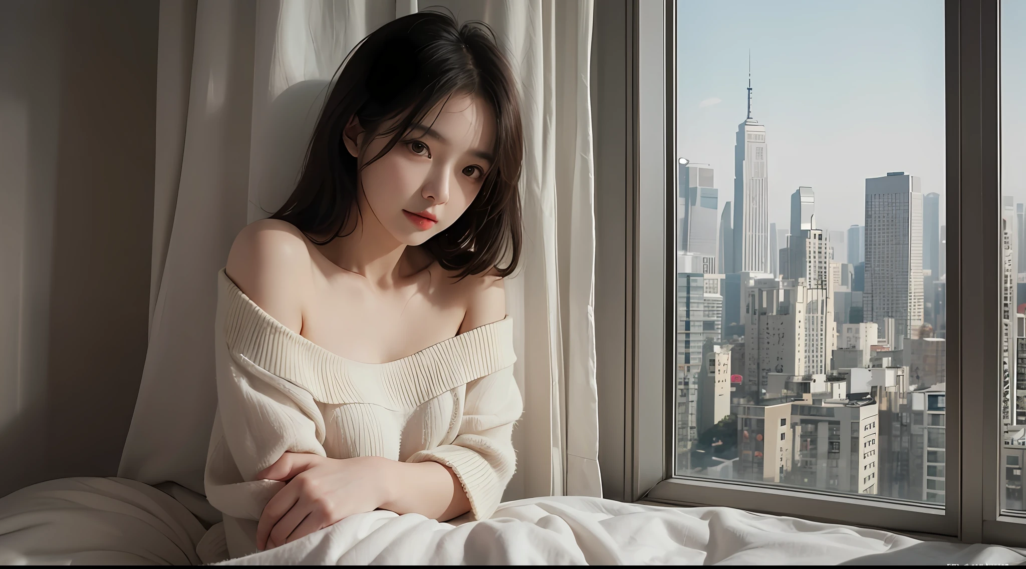 best qualtiy，tmasterpiece，超高分辨率，（photograph realistic：1.4），1个Giant Breast Girl，looking at viewert，Wear oversized off-the-shoulder knit underwear，Famous Korean actress，is very beautiful，kawaii，cinematic ligh，35mm lens，f / 1。8、emphasis lighting，8K，In luxury hotels  ，Long-range shots，