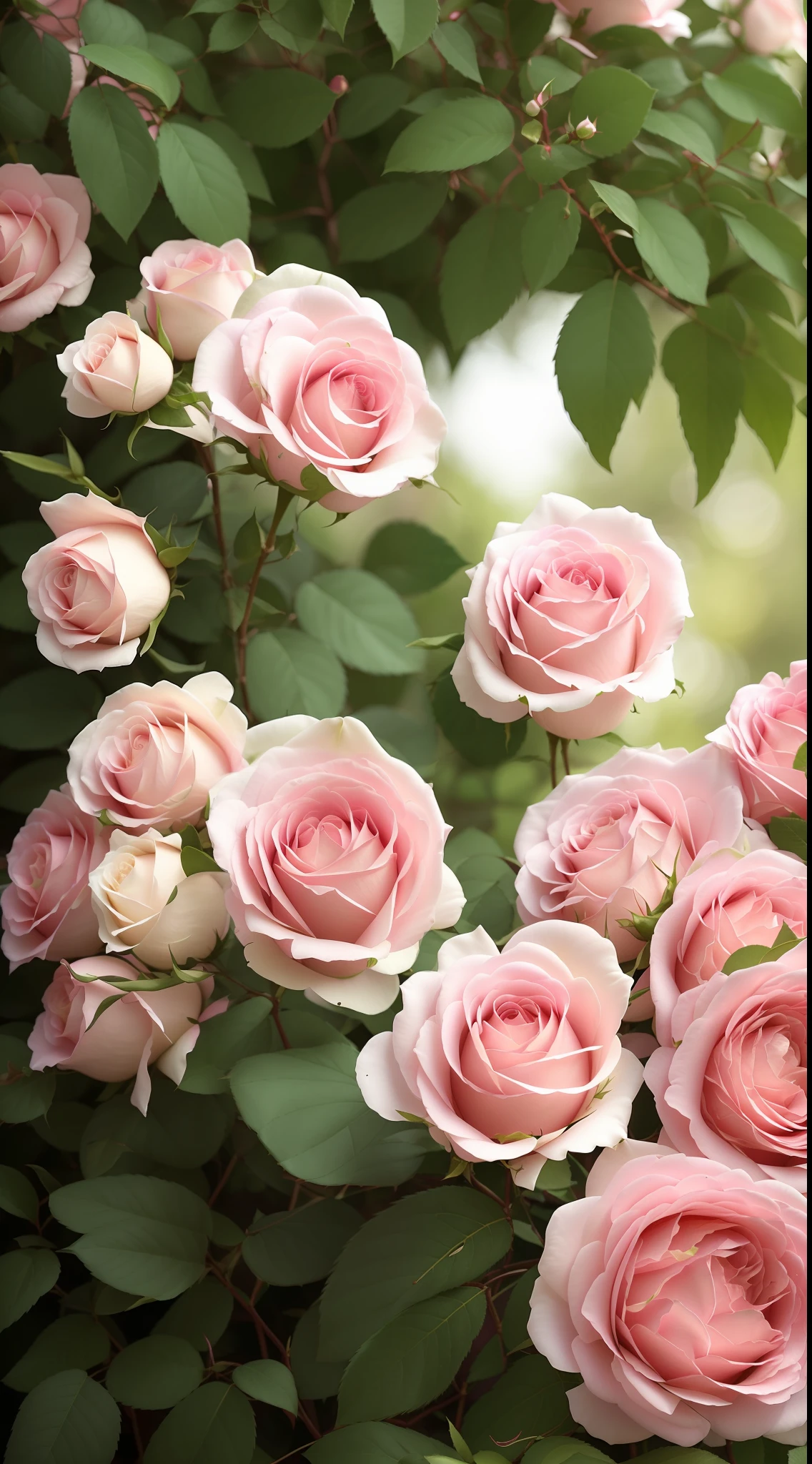 There are many pink and white roses in the leafy bushes, rose-brambles, Rozen Maiden, rosa bonheurn, rosette, rose twining, Incredibly beautiful, pink rosa, a few roses, light pink tonalities, rosses, beautiful aesthetic, anna nikonova, stunningly beautiful, Pink big breasts, Rose, beautifully, decorative roses, Just beautiful