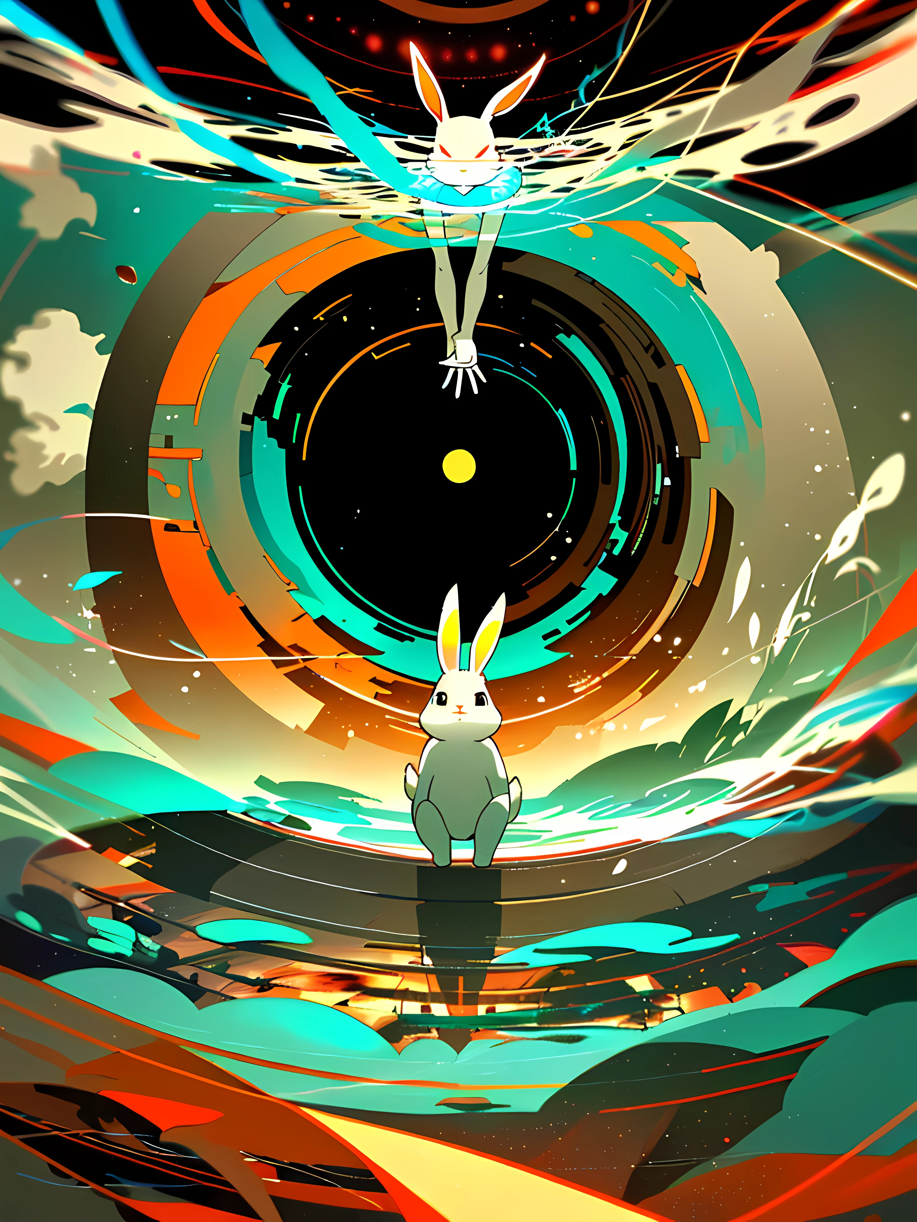 (blame! style abandoned tech landscape), (Zen, Amy Sol style), (like a tunnel that you follow to a tunnel of its own down a hollow in a cavern where the sun has never shone), (abstract anthro rabbit figure wearing bunny ears), cover art with light abstraction, abstract, simple vector art, contemporary Cybernetic art, color gradients, soft color palettes, layered forms, whimsical animation, style Ethereal abstract, 4K, --v6