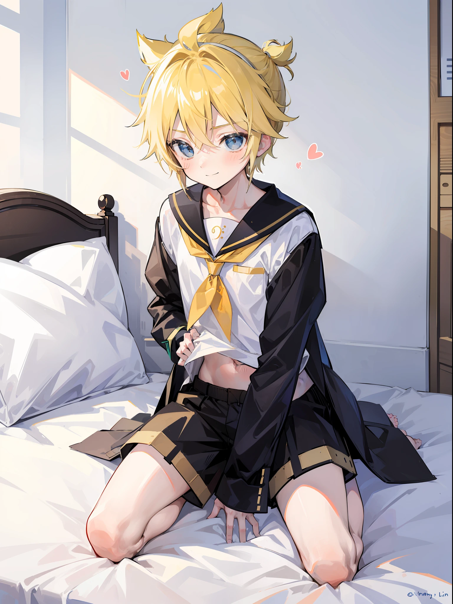 best quality, ultra precision, (one boy), (Len_Kagamine), blond hair, cowlick, bedroom, character focus, black short pants, sailor uniform, innocent, slender, blush, cute, cool, smile a little, happy, handsome, boy loves you, ager, high school student, male model, attractive boy, sitting, (sit in a kneeling position), on bed, (put hands between crotch), navel, look at you, you secretly want to rape boy, you'll masturbate at night thinking of boy, you hide your overflowing love for boy, boy has unconscious sex appeal