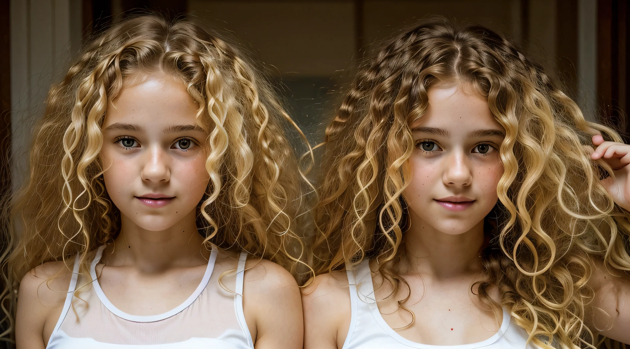 there is a young girl with a curly hair and a white tank top, frizzy hair, long fluffy blond curly hair, long fluffy curly blond hair, very very curly blond hair, messy blond hair, blond curly hair, curly blonde hair | d & d, flipped out hair, messy curly hair, short curly blonde haired girl, curly blond hair, curly blond