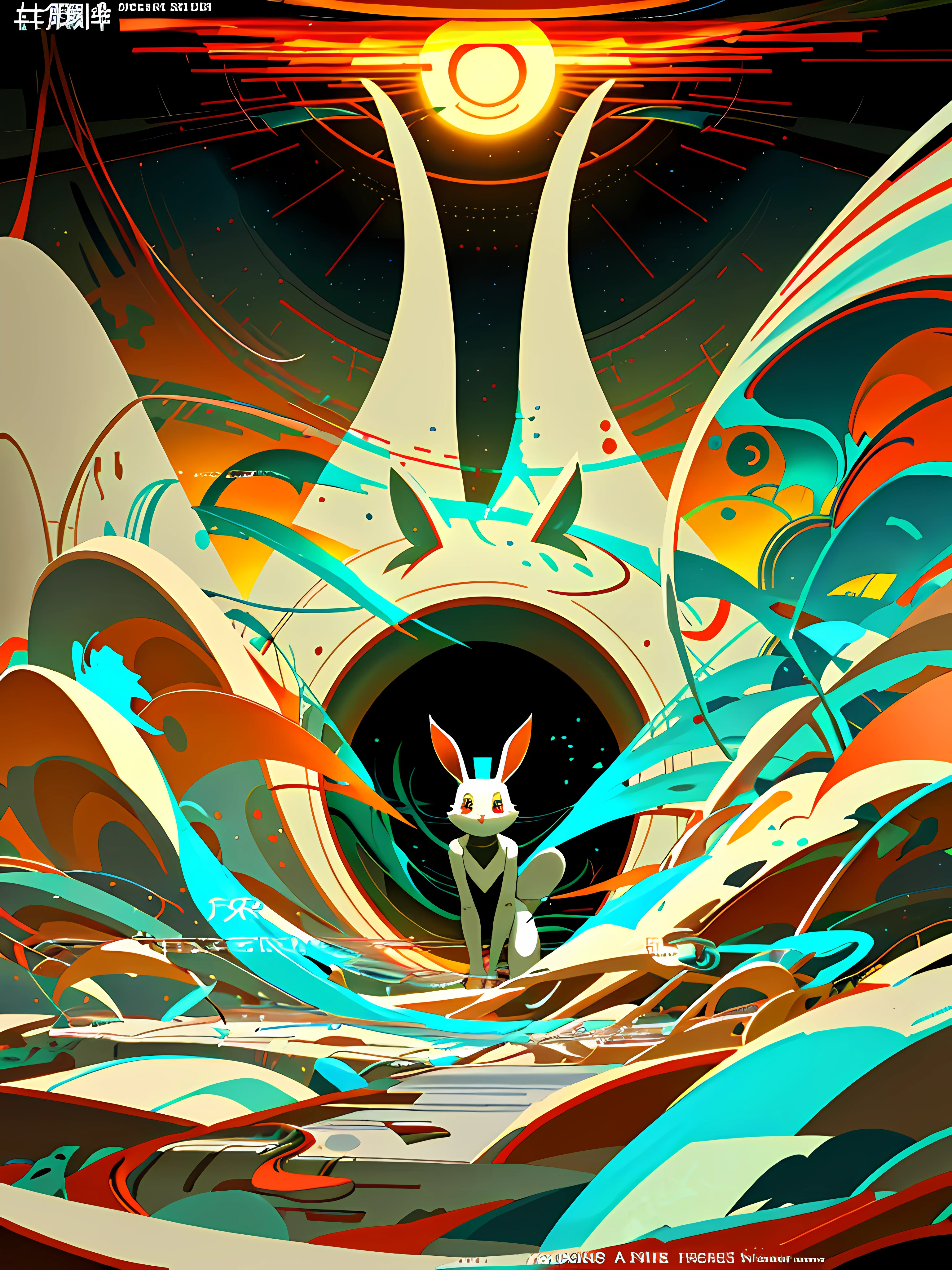(blame! style abandoned tech landscape), (Zen, Amy Sol style), (like a tunnel that you follow to a tunnel of its own down a hollow in a cavern where the sun has never shone), (abstract anthro rabbit figure wearing bunny ears), cover art with light abstraction, abstract, simple vector art, contemporary Cybernetic art, color gradients, soft color palettes, layered forms, whimsical animation, style Ethereal abstract, 4K, --v6