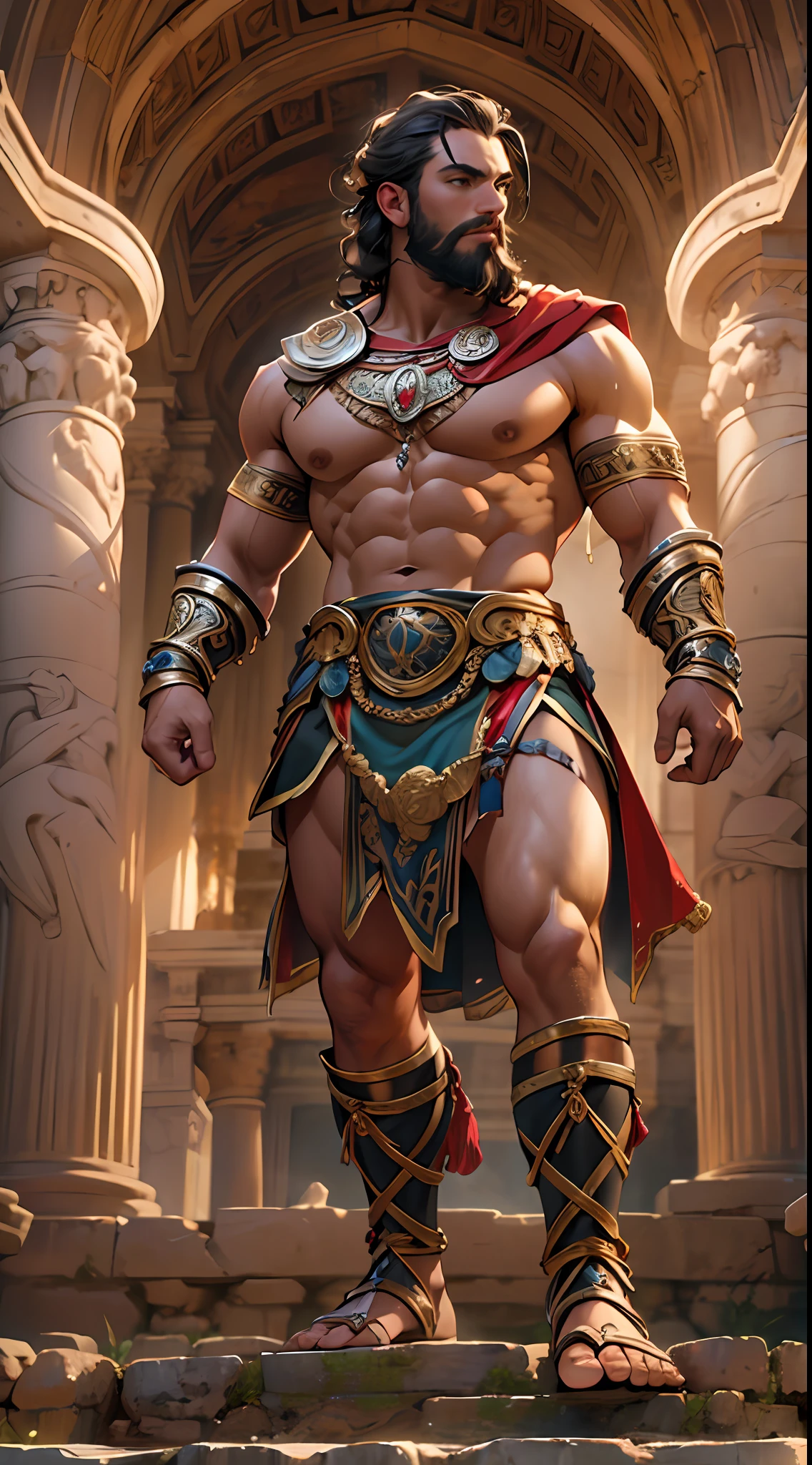 Muscular gladiator, upper body revealed, legs uncovered from thighs to feet, adorned with a beaded beard, flowing long curls, intricate muscular details, photorealistic artwork, 4K resolution. Background: Ancient Roman arena,32k uhd, best quality, masterpiece, super detail, high details