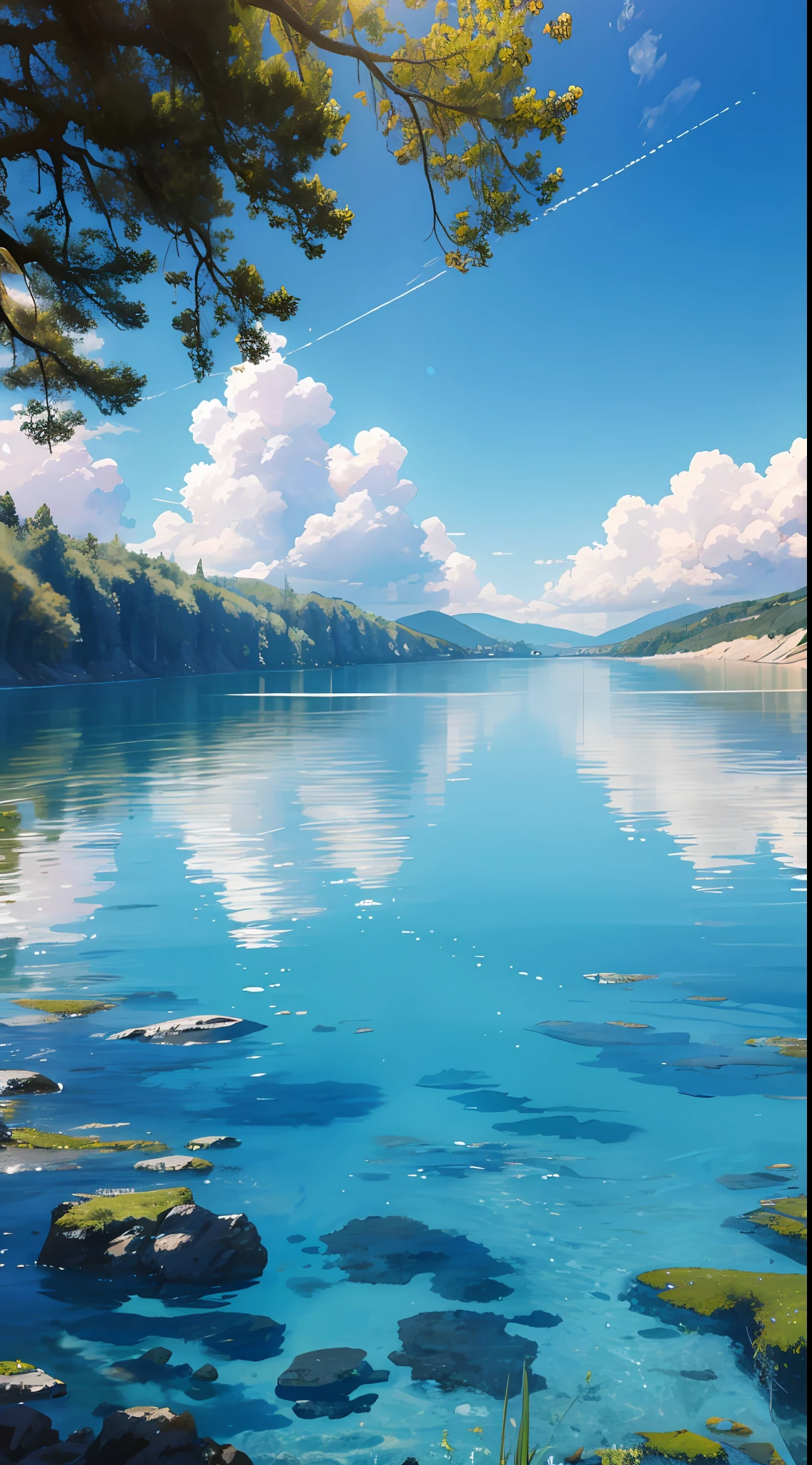 no humans, scenery, vanishing point, from below, masterpiece, best quality, 8k, absurdres, water surface, summer, noon, sunlight, blue sky, perspective, depth of field, highres, finely detail, ultra-detailed, sharp focus