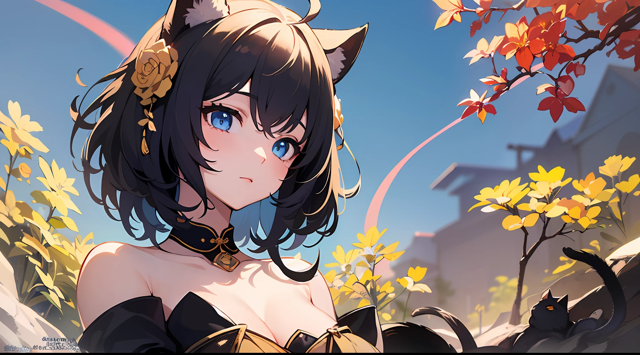 ((top-quality))、((a masterpiece of))、((ultra-definition))、(illustratio)、(Fine light)、(Extremely delicate and beautiful)、(((独奏)))、1 girl in、(((beautiful a girl)))、mideum breasts,blue eyess,(Black cat ears), (Ahoge), shorth hair, (Maeby Hair),Relax、