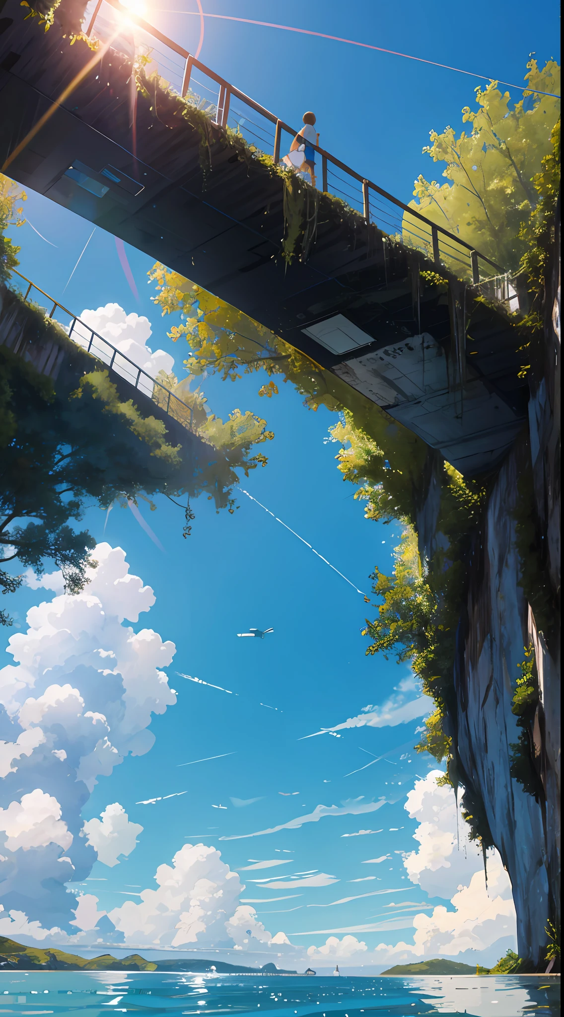 no humans, scenery, vanishing point, from below, masterpiece, best quality, 8k, absurdres, water surface, summer, noon, sunlight, blue sky, perspective, depth of field, highres, finely detail, ultra-detailed, sharp focus