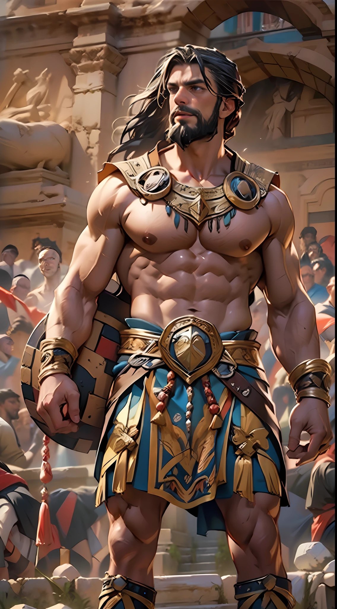 Muscular gladiator, upper body revealed, legs uncovered from thighs to feet, adorned with a beaded beard, flowing long curls, intricate muscular details, photorealistic artwork, 4K resolution. Background: Ancient Roman arena,32k uhd, best quality, masterpiece, super detail, high details