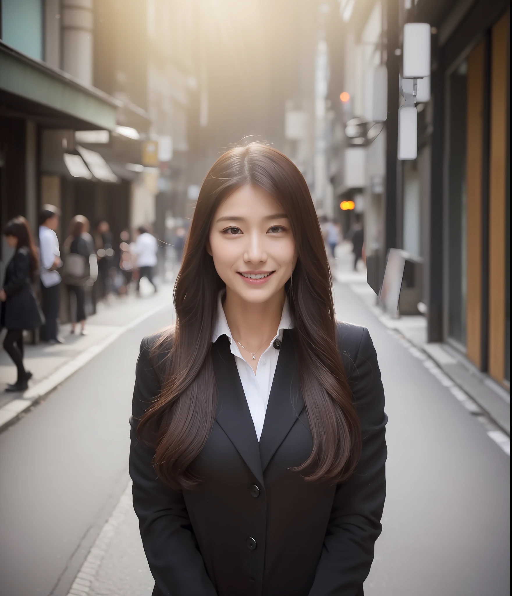 ((top-quality、8K、masterpiece:1.3))、foco nítido:1.2、Perfect Body Beauty:1.4、Slim abs:1.2、((Dark brown long hair、Colossal tits:1.1))、(natural soft light、street corner:1.2)、Highly detailed facial and skin texture、A detailed eye、(二重まぶた)、(((dynamic ungle))),Streets of Tokyo、Silver thin necklace、drooing eyes、Smiling、White blouses、White button shirt、Gentle expression、Beautie