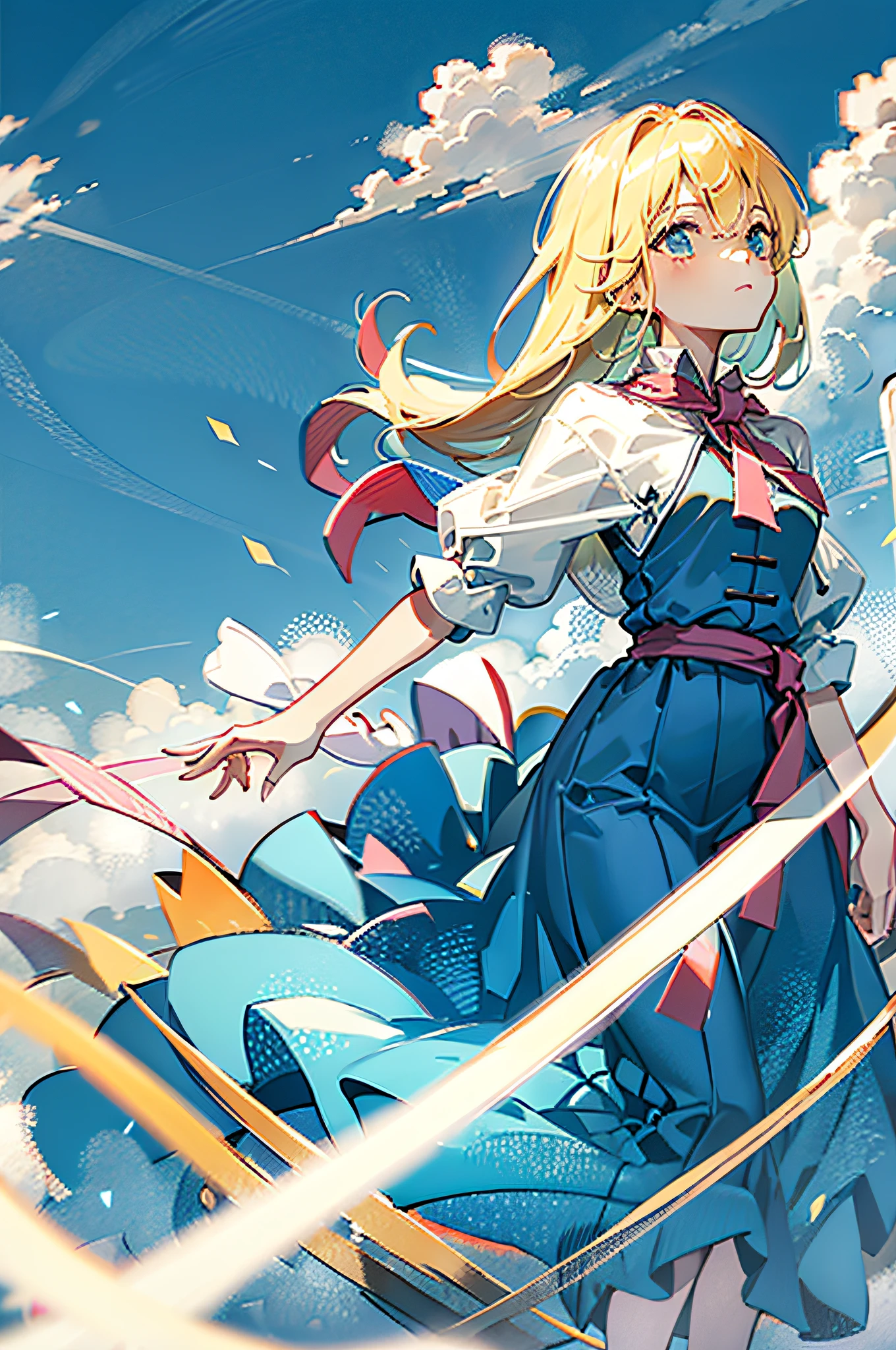 Alice of the Incredible Country Floating in the air Blue sky and white clouds Blonde 15-year-old cute girl Empty-handed Five fingers on each hand