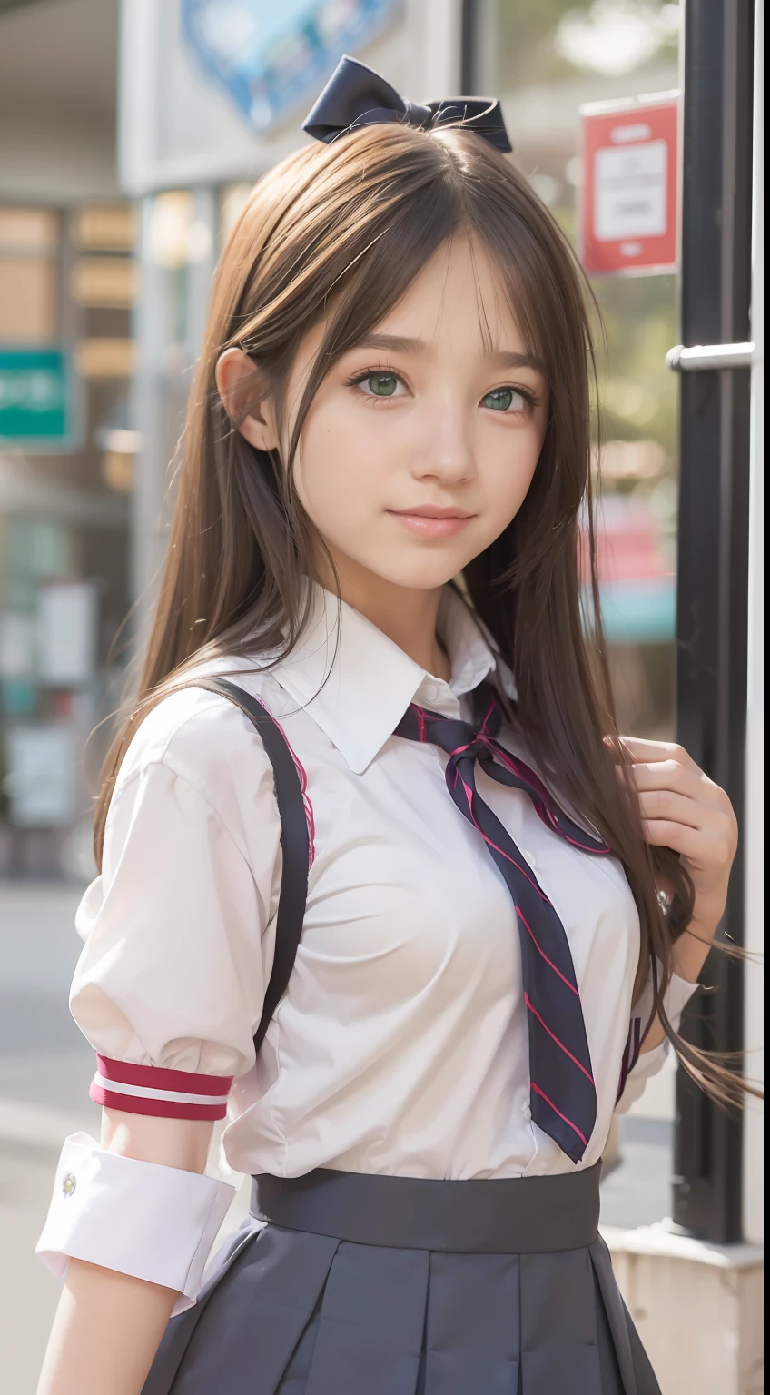 1girl, solo, (school uniform:1.4), green eyes, dress, looking_at_viewer, neck_ribbon, cute, clear facial skin, (best quality), (masterpiece:1.1)