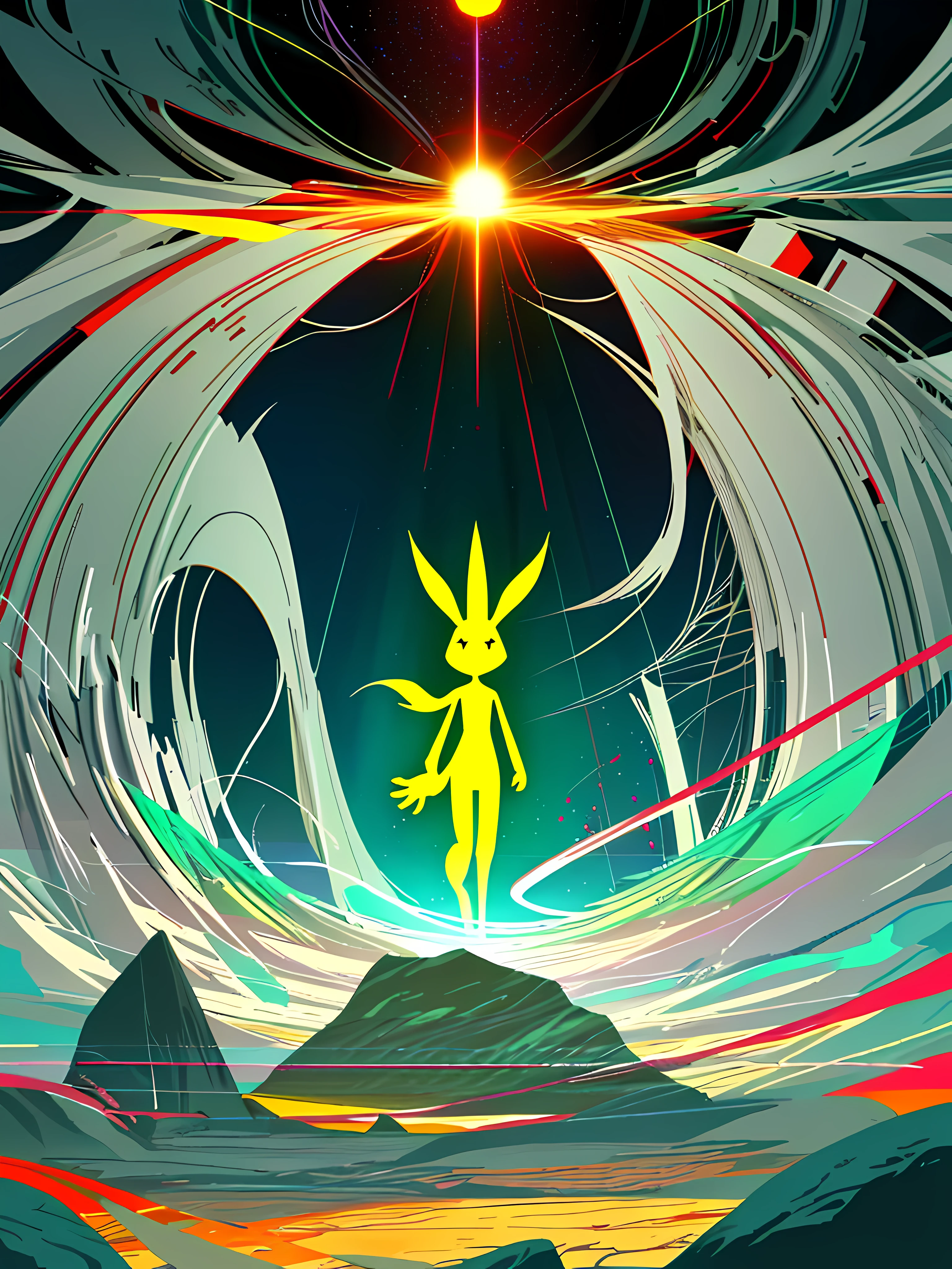 (blame! style abandoned tech landscape), (Zen, Amy Sol style), (like a tunnel that you follow to a tunnel of its own down a hollow in a cavern where the sun has never shone), (abstract anthro rabbit figure wearing bunny ears), cover art with light abstraction, abstract, simple vector art, contemporary Cybernetic art, color gradients, soft color palettes, layered forms, whimsical animation, style Ethereal abstract, 4K, --v6