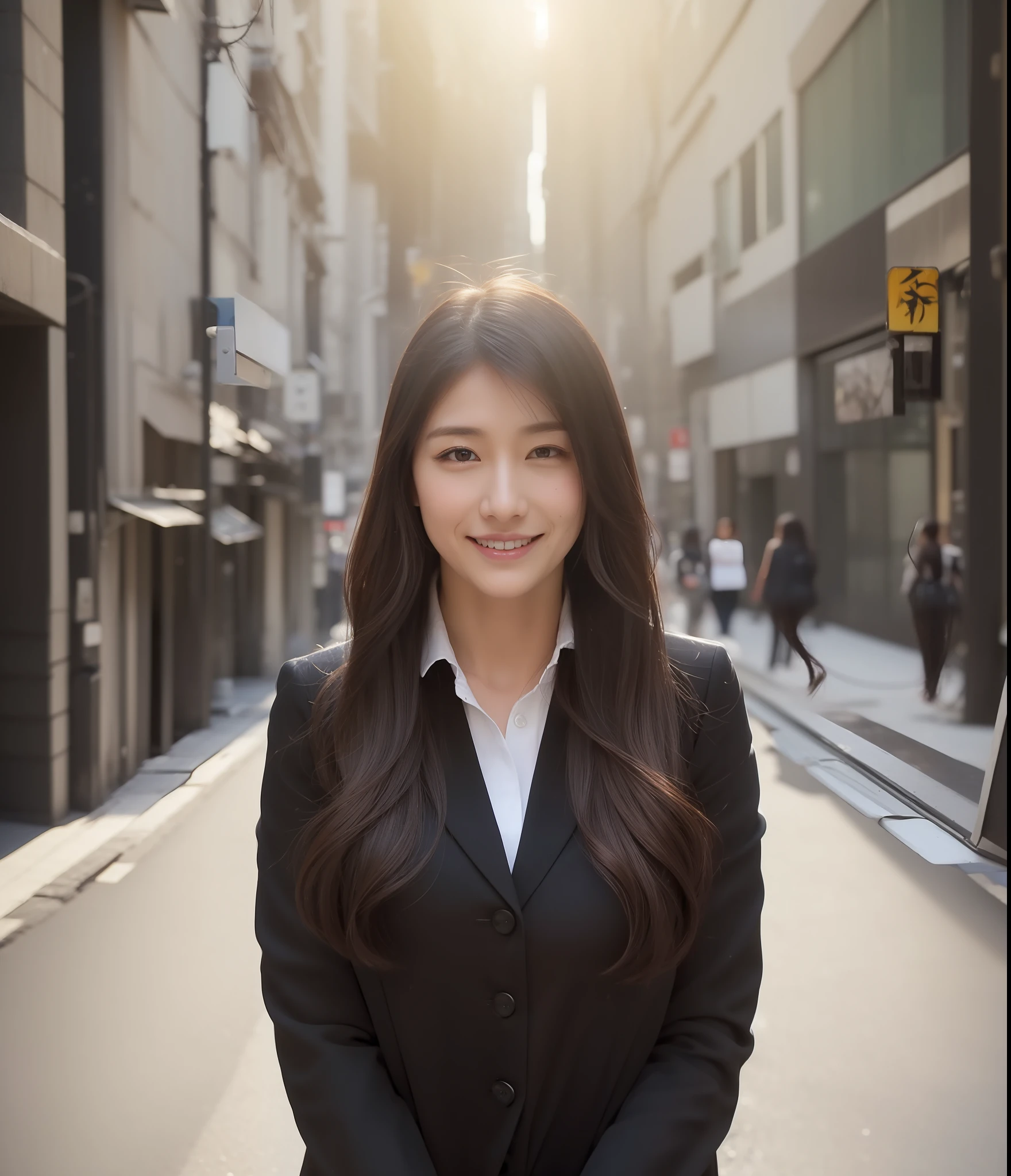 ((top-quality、8K、masterpiece:1.3))、foco nítido:1.2、Perfect Body Beauty:1.4、Slim abs:1.2、((Dark brown long hair、Colossal tits:1.1))、(natural soft light、street corner:1.2)、Highly detailed facial and skin texture、A detailed eye、(二重まぶた)、(((dynamic ungle))),Streets of Tokyo、Silver thin necklace、drooing eyes、Smiling、White blouses、White button shirt、Gentle expression、Beautie