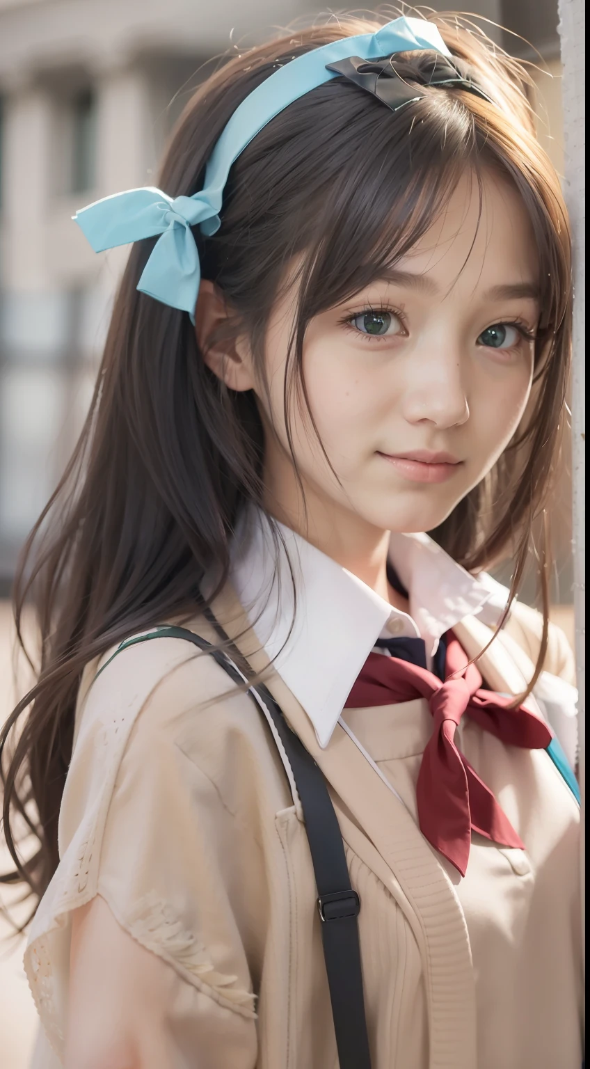 1girl, solo, (school uniform:1.4), green eyes, dress, looking_at_viewer, neck_ribbon, cute, clear facial skin, (best quality), (masterpiece:1.1)