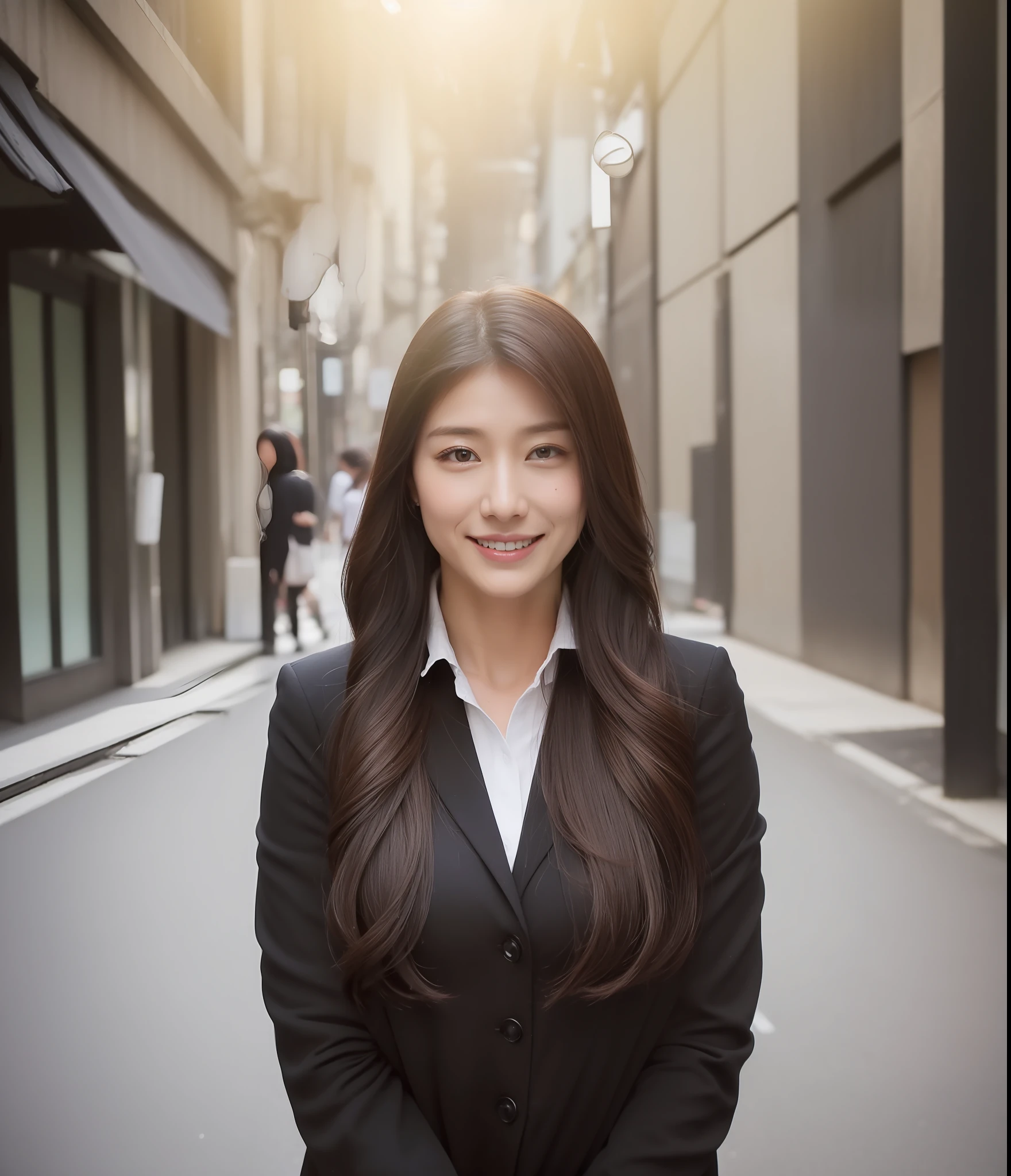 ((top-quality、8K、masterpiece:1.3))、foco nítido:1.2、Perfect Body Beauty:1.4、Slim abs:1.2、((Dark brown long hair、Colossal tits:1.1))、(natural soft light、street corner:1.2)、Highly detailed facial and skin texture、A detailed eye、(二重まぶた)、(((dynamic ungle))),Streets of Tokyo、Silver thin necklace、drooing eyes、Smiling、White blouses、White button shirt、Gentle expression、Beautie