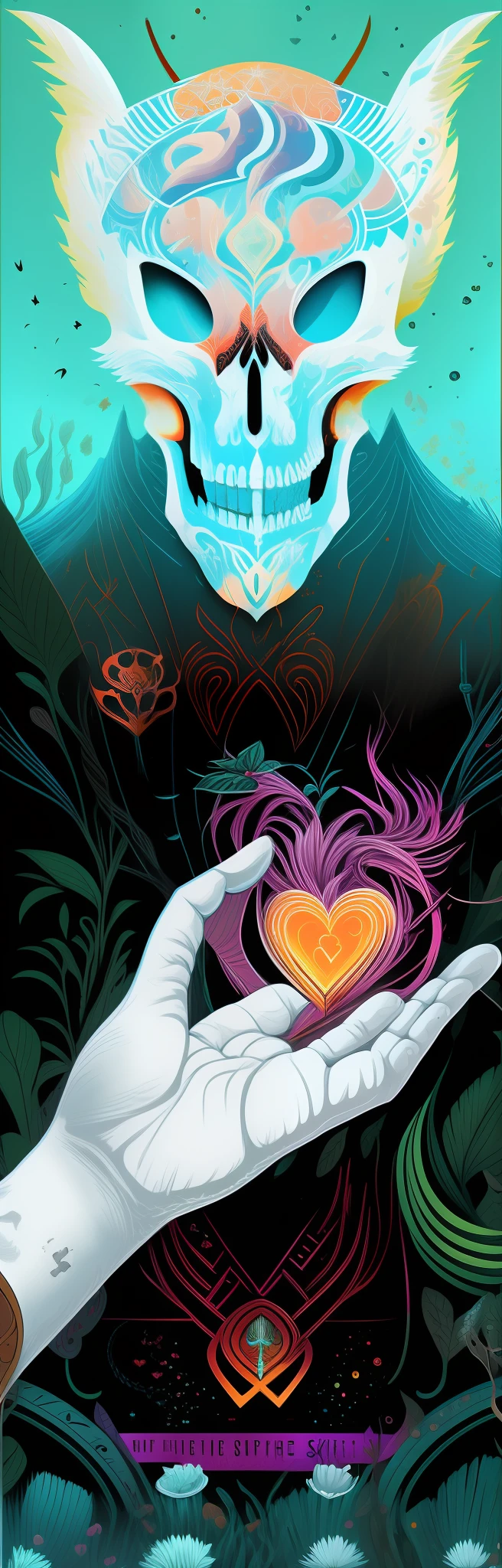 Draw a wolf skull，A man holds a heart in his hand, Dan Mumford and Alex Gray style, dan mumford tom bagshaw, in the style dan mumford artwork, inspired by Dan Mumford, full color digital illustration, psychedelic organic cyborg, psytrance artwork, ( ( ( ( ( dan munford ) ) ) ) ), psychedelic cosmic horror, Science-fi digital art illustration