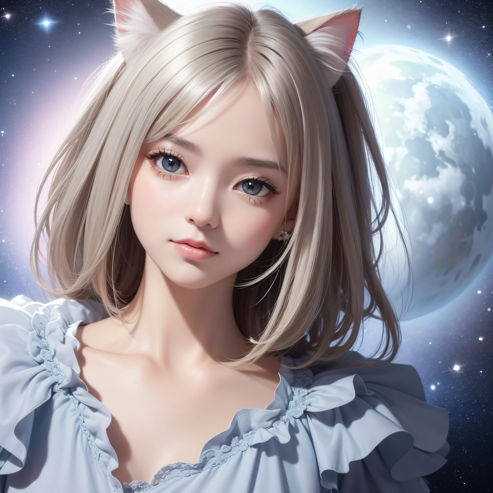 ((Cute cat in clothes)),Close-up of the mouth、fluffy hair, Anthropomorphic representation, Rich colors, exquisitedetails, masutepiece,(Best Quality:1.5), (Exquisite CG), (High resolution:1.5)、The face is protruding from the photo、greeneye、Sapphire green eyes、lipgloss、Eye Gloss、Raise the corners of your mouth and smile、Open your mouth a little、round and large eyes、short silver hair、the background is the universe、Face Close-up、Close up eyes、