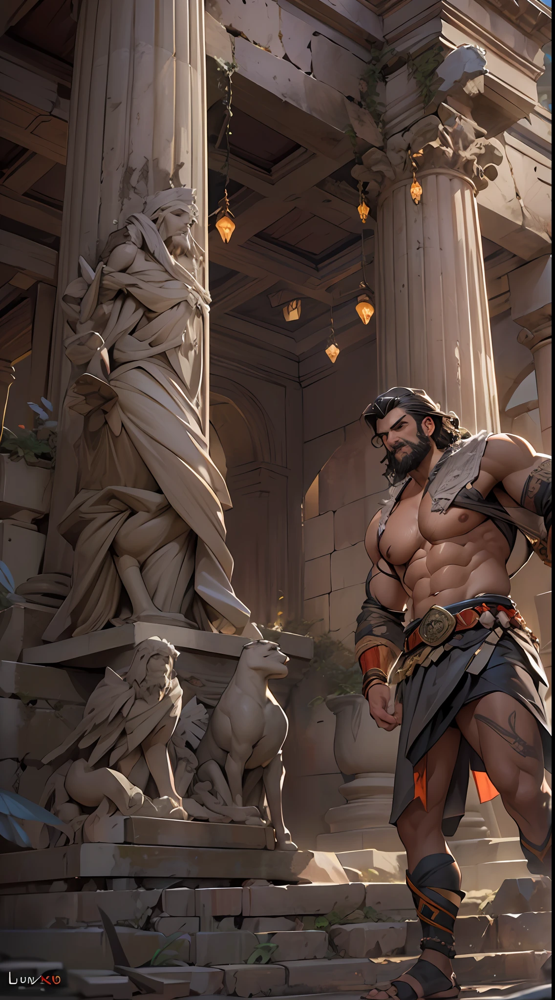Sculpted hero, upper body uncovered, legs exposed from thighs to feet, bearded with beaded facial hair, luxuriant long curls, intricate muscularity, photorealistic portrayal, 4K resolution. Background: Epic battlefield with ancient ruins.,32k uhd, best quality, masterpiece, super detail, high details