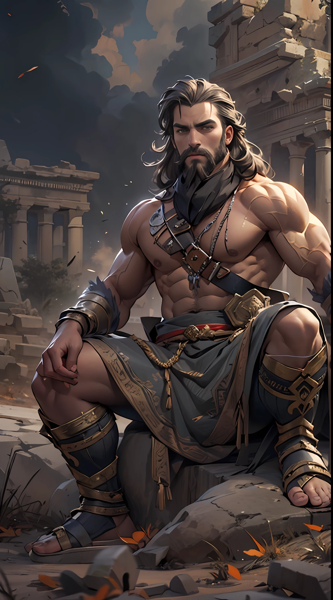 Sculpted hero, upper body uncovered, legs exposed from thighs to feet, bearded with beaded facial hair, luxuriant long curls, intricate muscularity, photorealistic portrayal, 4K resolution. Background: Epic battlefield with ancient ruins.,32k uhd, best quality, masterpiece, super detail, high details