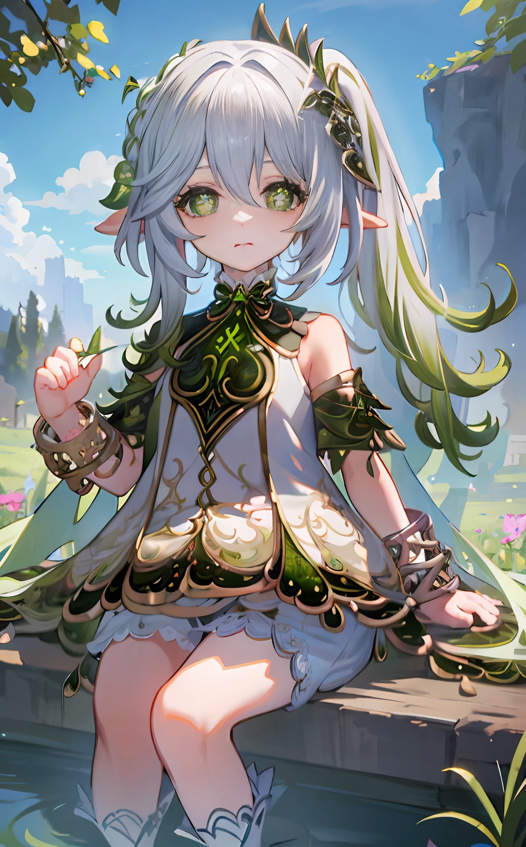 A high resolution, Masterpiece,Best quality, 4K, Extremely detailed,
1girll, Solo, Nahida \(Genshin Impact\), full bodyesbian, in the side, Thighs, 
In-game dresses, bloomer, hair adornments, Bracelet, Cape, Stirrup socks,
Detailed beautiful face, view the viewer, cross-shaped pupils,