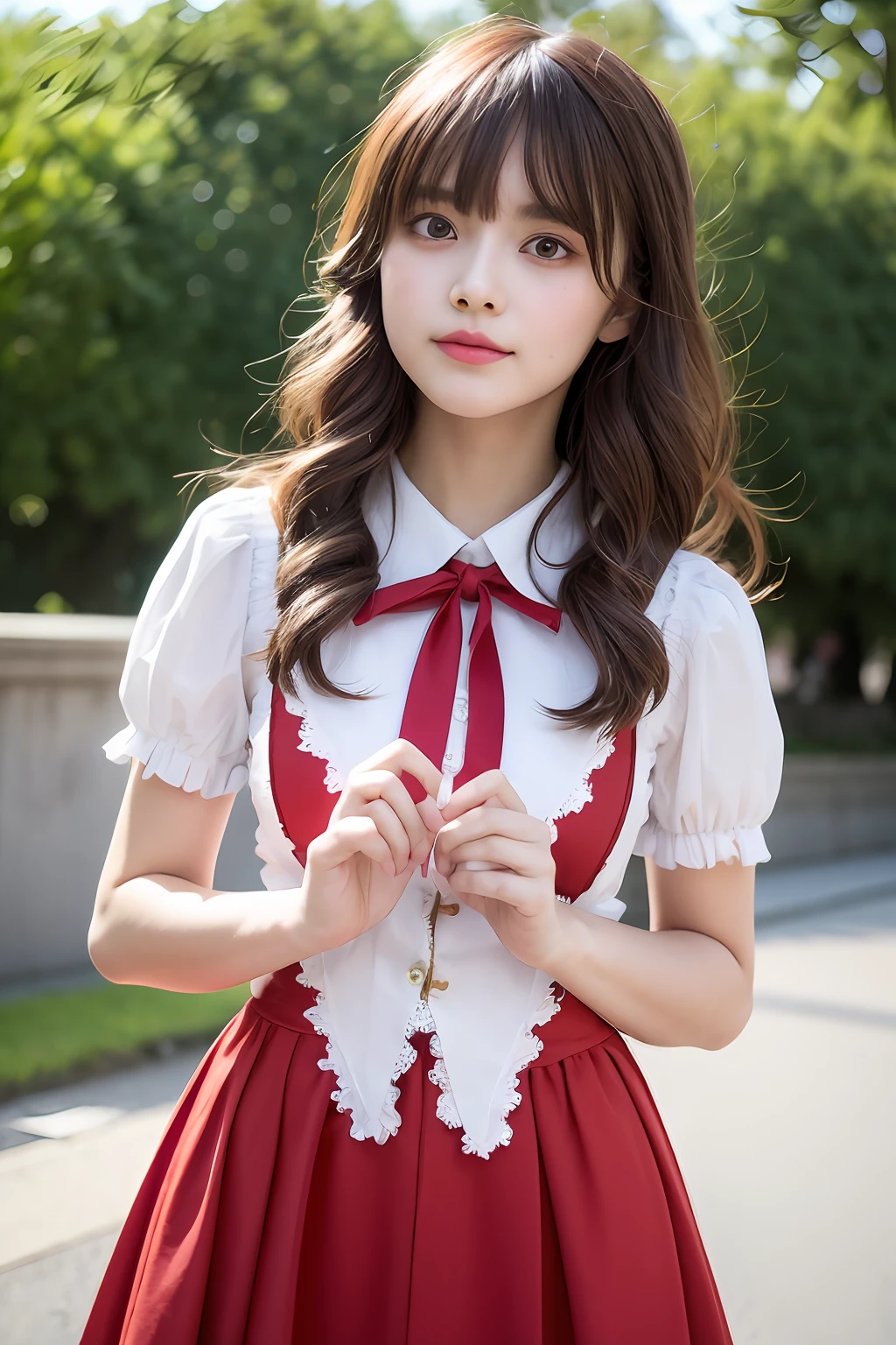tmasterpiece,4k,8k,photograph realistic,RAW photography,best qualtiy,Kizi,A perfect beauty figure,cute face,beauitful face,(photorealiscic face),Beautiful hairstyle,photorealistic eye,beautifuldetails,(Realistic skin),Beautiful skin,big breasts enchanting,hyper HD,Ultra photo realsisim,The is very detailed,semi-long curly hair,brown hair,By bangs,Bow knot,Properly promoted chest,Slim body,Small man's waist,Exaggerated ta costume,small lolio Girl,Eyes look at the lens,The whole body appears in the camera,Hands are placed naturally,Long legs,Innocent eyes,Pure desire