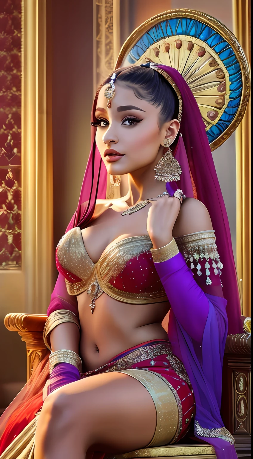 "Captivating depiction of Ariana Grande donning a graceful Indian sexy dress. Meticulous attention to detail and lifelike visual fidelity. Unparalleled quality. 8k resolution. A true masterpiece. She reigns over a majestic throne."face focused