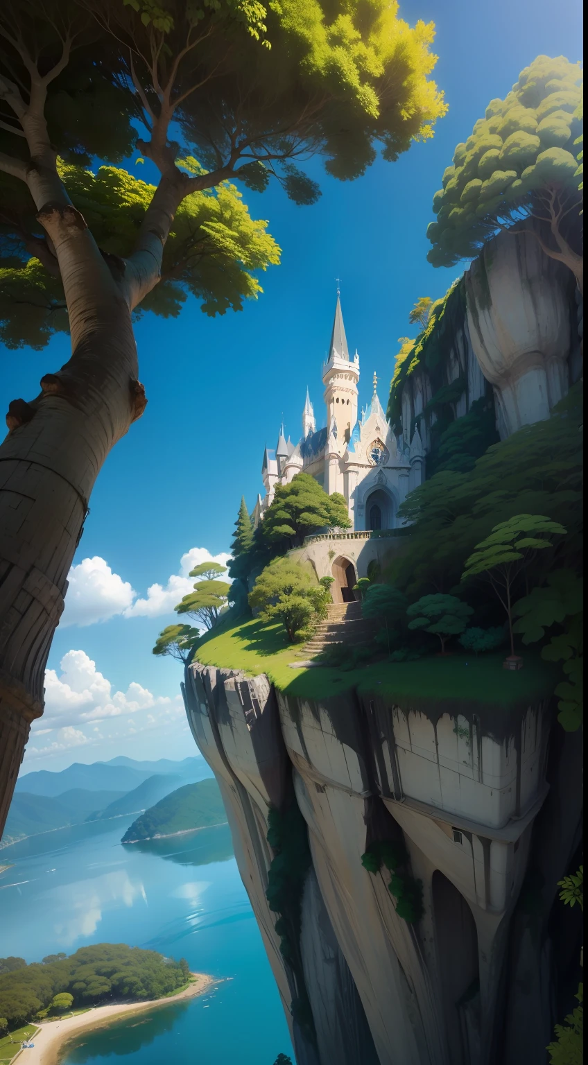Papel de parede, planicie, com arvores, um castelo em cima de um morro ao fundo, lago, ceu azul detalhado, passaros voando