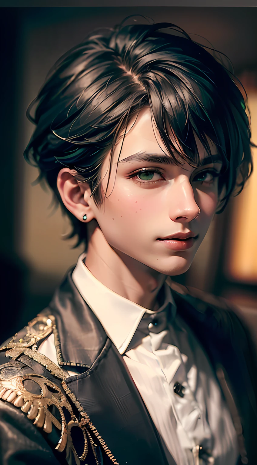 (masterpiece、top-quality、realisitic:1.2)、(intricate and delicate、high detailed skin and face)、Embroidered black suit、((17-year-old man))、white shirt、5 piercings、(Dark smile)、((Green eyes and short hair))、dimly lit room in background、Cinematic soft lighting、8k wallpaper、Unity、art stations、High Resolution CG