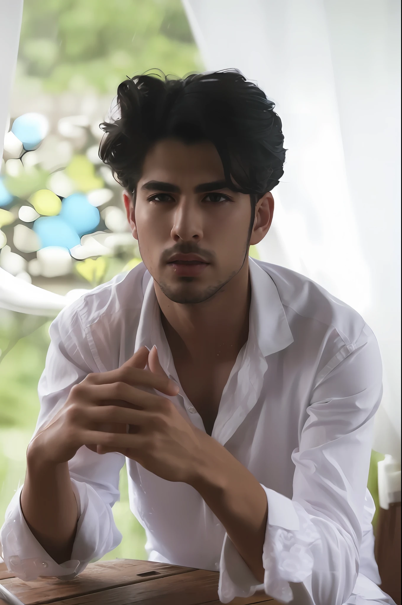 (8k, best quality, masterpiece:1.2), (realistic, photo-realistic:1.37), ultra-detailed cafe,night,sitting,dating,(nose blush),(closed mouth) detailed eyes,(collared shirt:1.1), night, wet,business attire, rain,white lace, (short hair:1.2),floating hair NovaFrogStyle,
