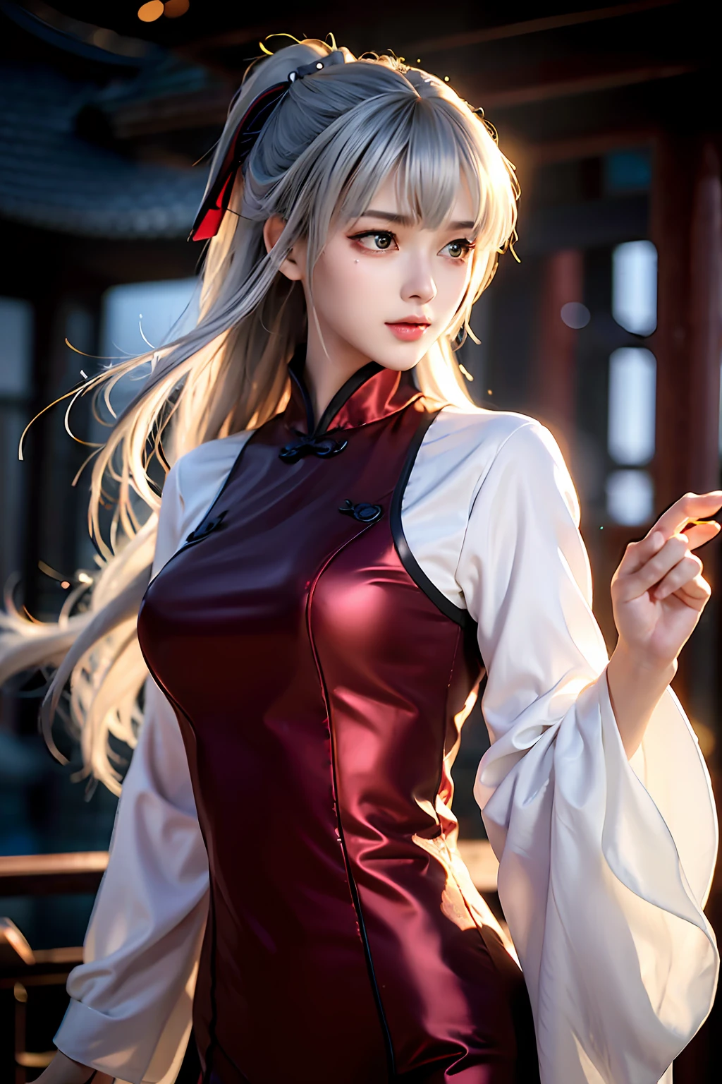 There is a girl in a dress, plum blossoms, palaces, oriental architecture ray tracing, {best quality}, {{masterpiece}}, extremely detailed 8K wallpaper, {an extremely delicate and beautiful}, colorful, intricately detailed, Realistic, real, camera quality, (detailed depiction of clothes), cool white skin, (detailed depiction of blush), 1080p, sun, soft cuteness, smooth light silver hair, messy beauty, lighting, broken feeling, bright and silky skin , 3D stereoscopic, masterpiece, best quality, super fine illustration, beautiful eyes, very fine light, fine glow, very fine 8K CG wallpaper, peach eyes, red pupils, an extremely delicate and beautiful girl, 8k Wallpaper, best quality,upper body close-up,luxurious silky bright red chiffon floodlight (magic, glitter, ultra-thin, soft,) Hanfu