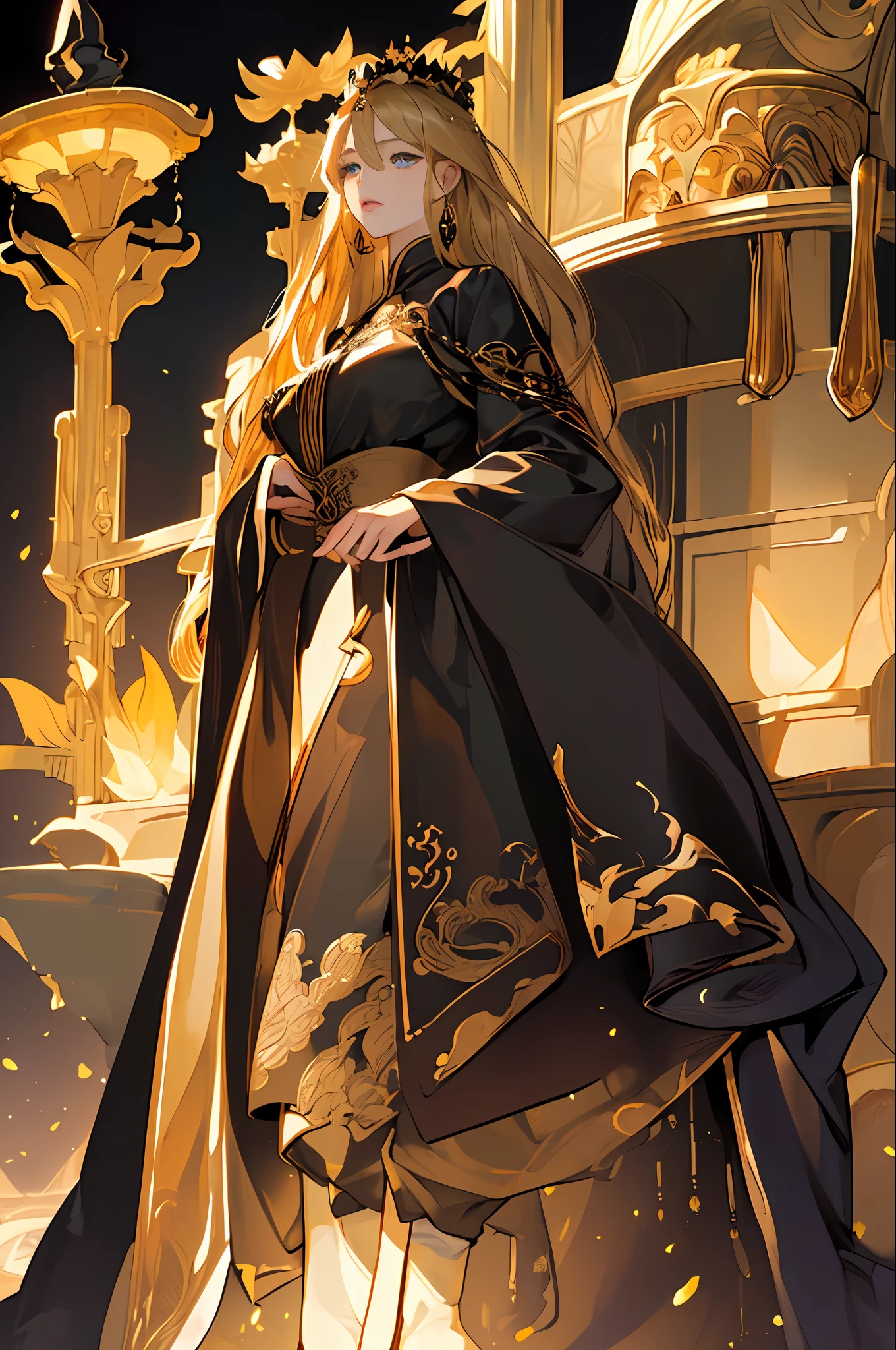 (masterpiece、side lights、Beautiful Eyes of Details:1.2)、3D顔、realisitic、face perfect、A queen、His Majesty the Emperor、Black and Gold theme、full body Esbian