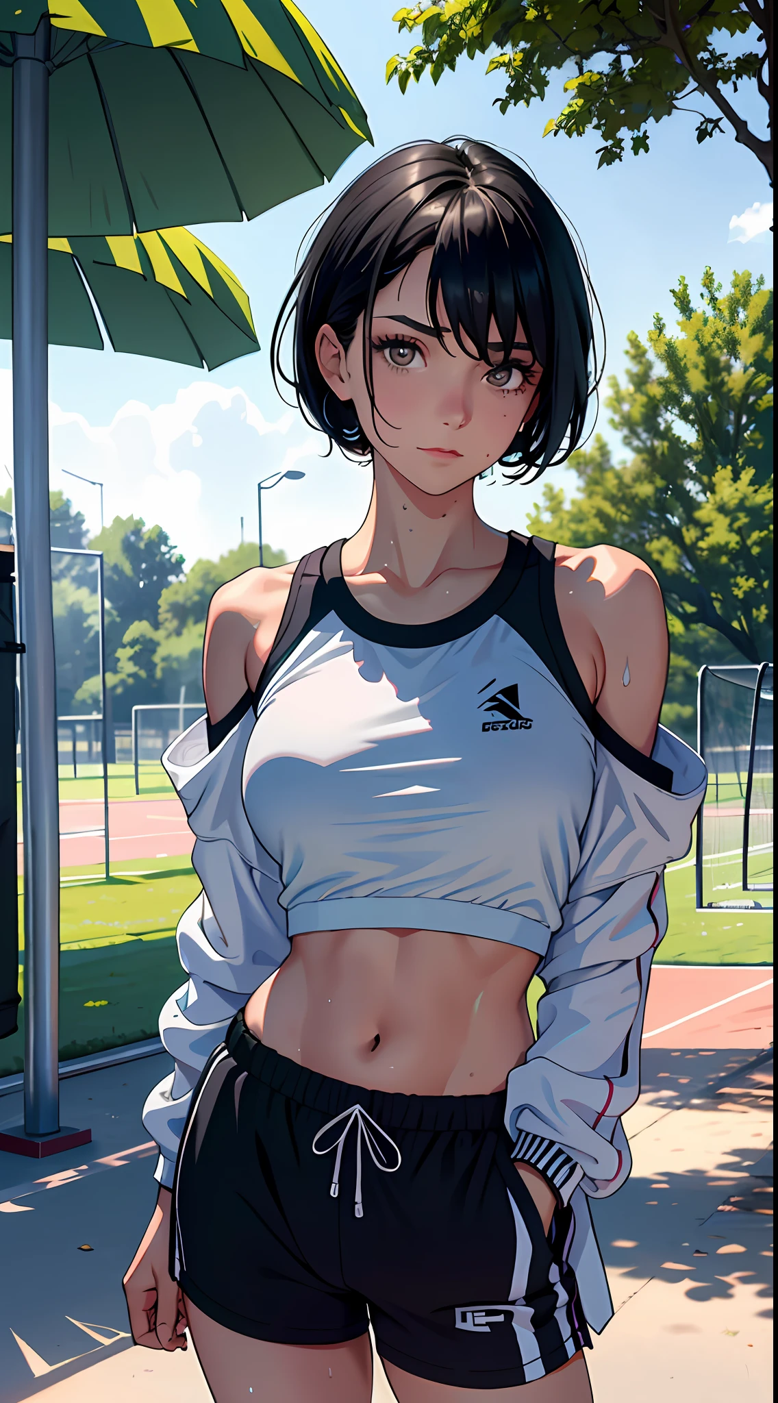 Best quality at best,tmasterpiece,1girll,with short black hair,big breasts beautiful,looking at viewert,ssmile,track suit,jogging,Off-the-shoulder attire,perspire,scowling,sweat shorts,Sports bra,Bust photo,sportrait,School playground