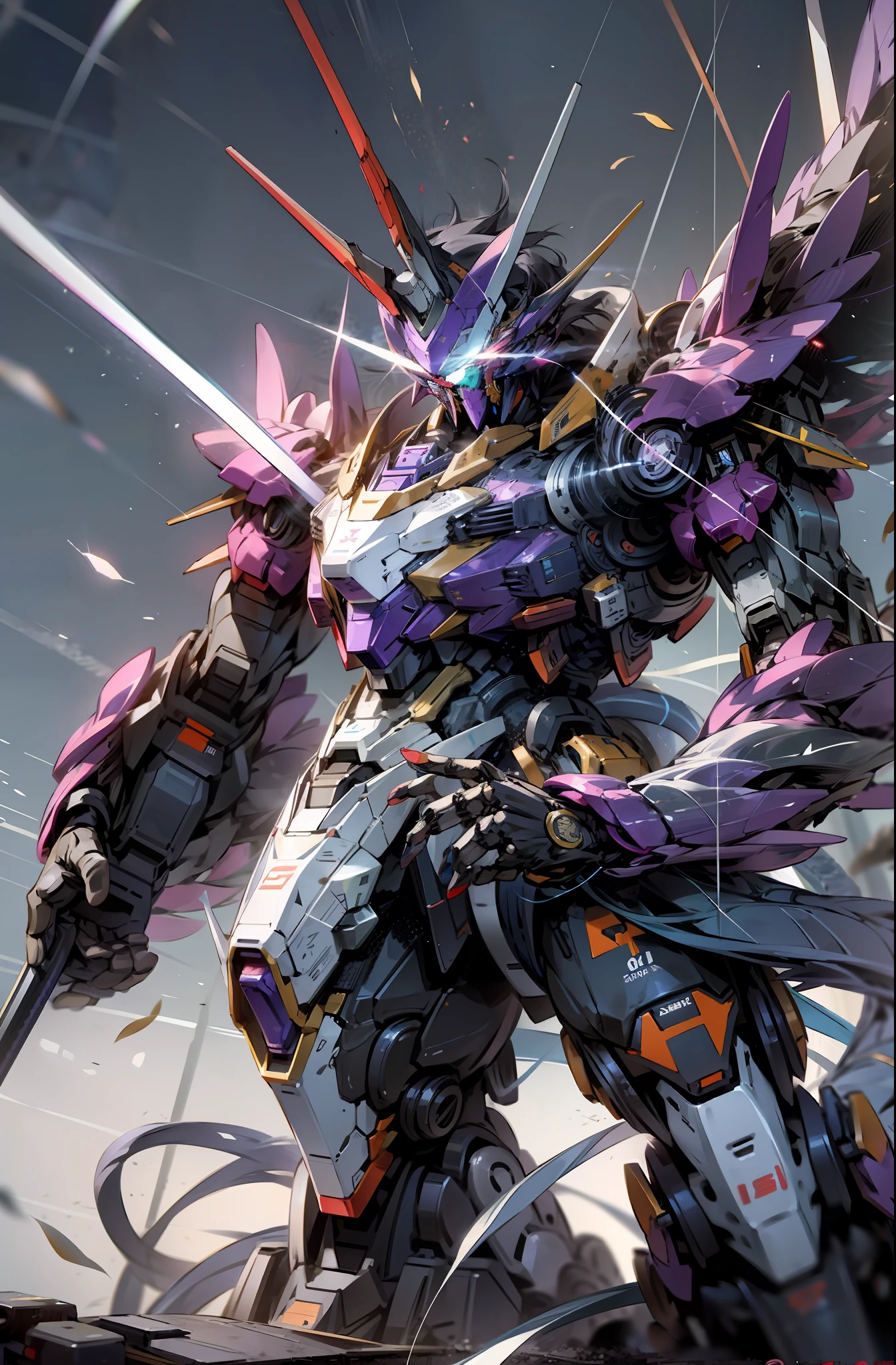Bokeh, attack, concise, 8k wallpaper, robot, eyes glowing cross blue, mecha, Dapeng spreading its tail, holding a gun aiming at the target, purple, cobra Gundam, animal Gundam, look at camera, half body, ((beast))