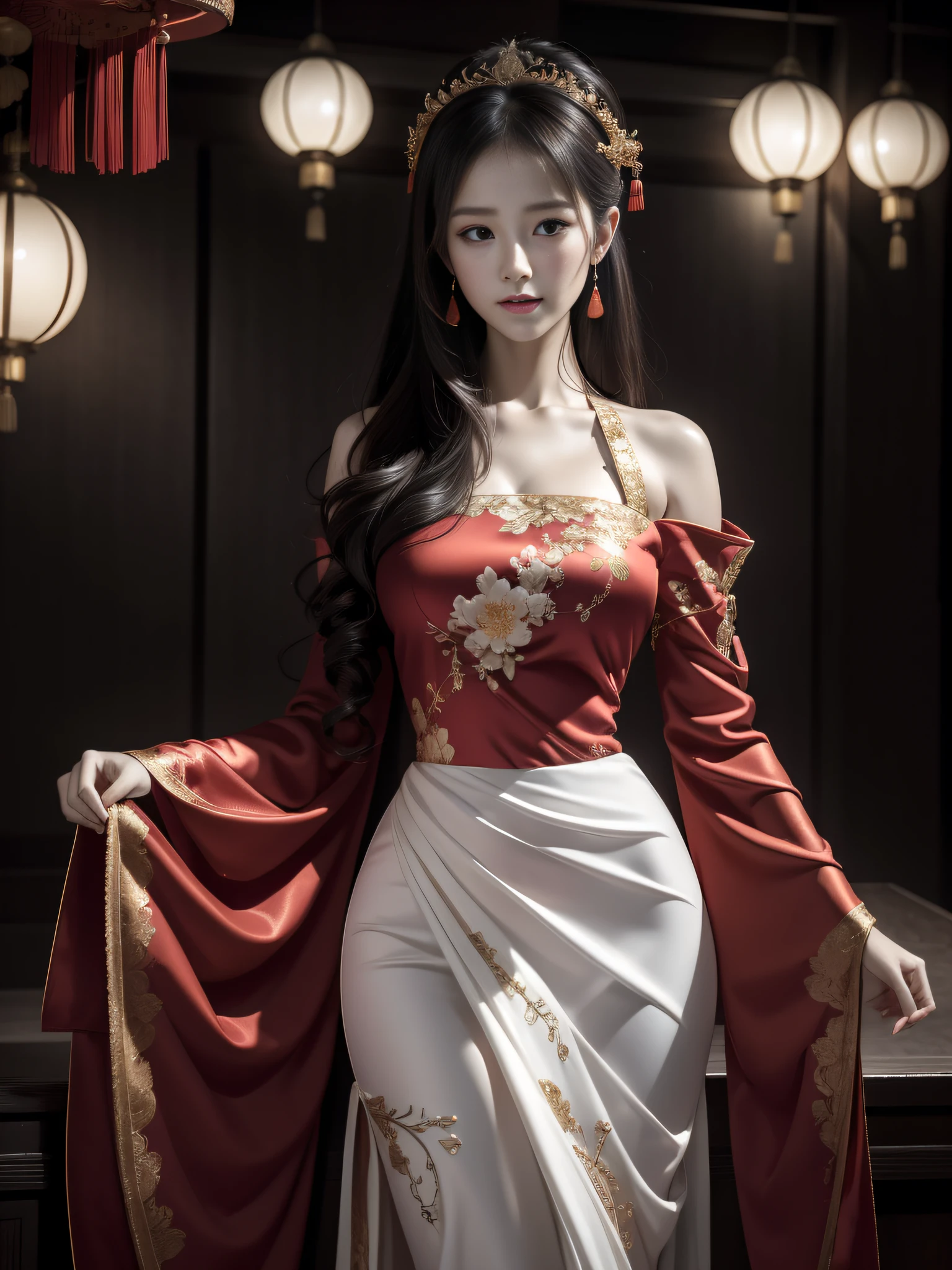 Portrait of Figures, Ancient China, Oriental Women, Tang Style, Double Happiness Background, Wedding Room, Cave Room, Costume Bride, Red Wedding Dress, Red Han Dress, Phoenix Crown Xia Curtain, Hair Coiled, Full of Pearls, Flower Hair Between Eyebrows, Red Candle, Candlelight Illuminates the Room, Best Quality, Original, Very Detailed Masterpiece, Very Detailed CG, Delicate Face, Delicate Robe with Large Sleeves, Divinity, Masterpiece, Delicate Face, Crying, Sadness, Loneliness, Tears, 4K Quality, Girl, Hanfu, Black Hair, Bun, Hair Ornaments, jewelry, delicate face, red clothes, golden patterns, phoenix crown veil, red wedding dress, newlyweds, festive, delicate skin, soft light effect, delicate and smooth hair, exquisite details, eye highlights, fair skin, fine portrayal, extreme details, cinematic quality, charming, thin, cute, slender, well-behaved, shy, black eyes, indoors, candles, candlelight, romantic, warm, (crying: 1.5), (crying)))), (((tears))), tsurime, makeup, sad, depressed, sulking, sobbing, lonely, disappointed, crying, tearing up, tears, tears, tears, tears, Surrealism, ray tracing, UHD, high details, super detail, highres, 8k, high quality, high details, textured skin, ccurate, anatomically correct, best quality, highres, high quality, textured skin, high details, anatomically correct, super detail, anatomically correct, anatomically correct