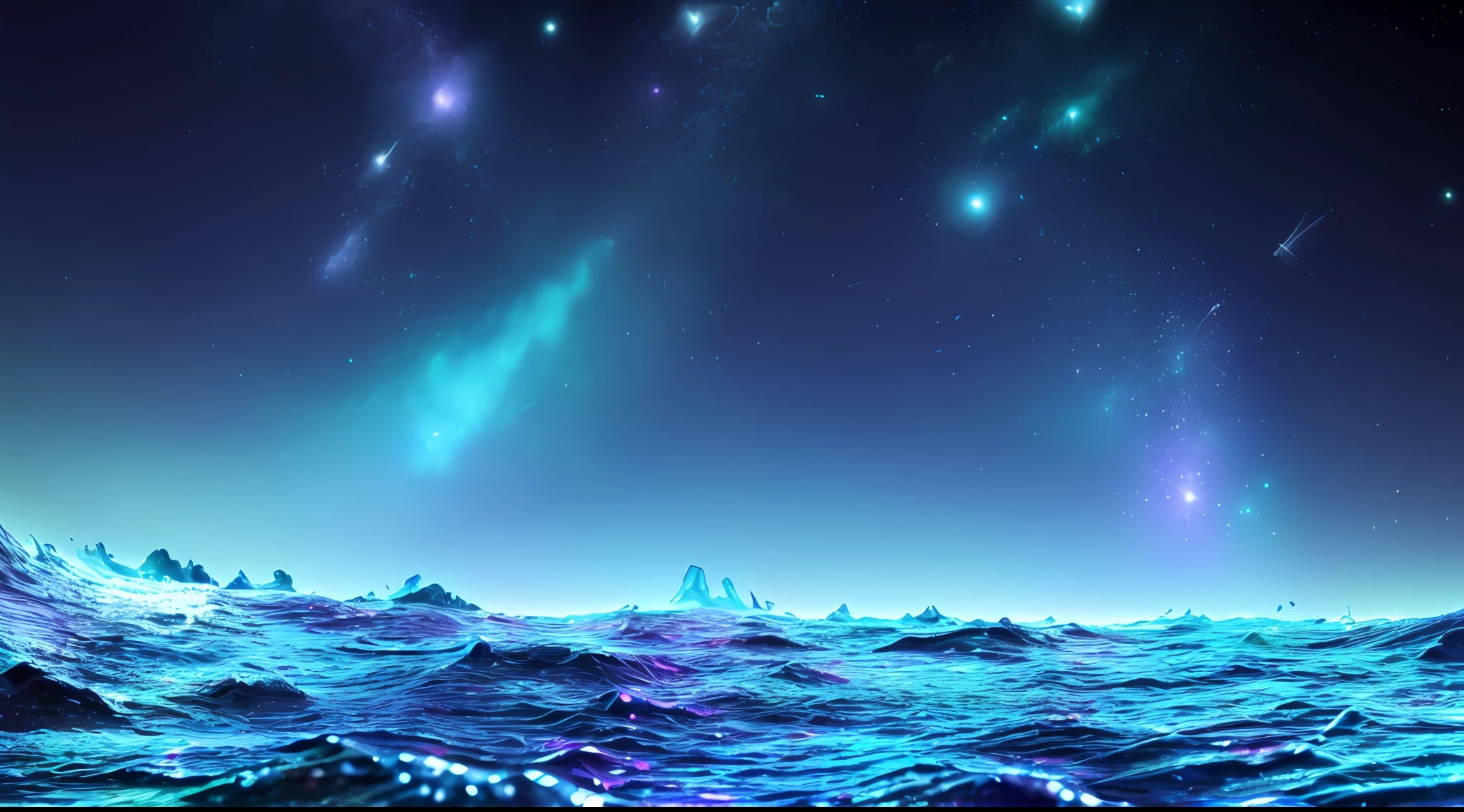 Smooth rolling waves (Blue ocean) outside on an alien planet, Beautiful transparent water, Night, Huge fish jumping from the waves, Spots of iridescent plankton in water, Sparkling water spray, The background is a deep purple sky dotted with stars, Unknown constellations in the sky, (Multiple satellites of random color:1.2), Glowing horizon, Masterpiece, Best quality, detailed 4K wallpaper, award winning art, Bokeh, Depth of field, hdr, full bloom, color difference, Extremely detailed, trending on artstationh, trending on CGSociety, Dramatic
