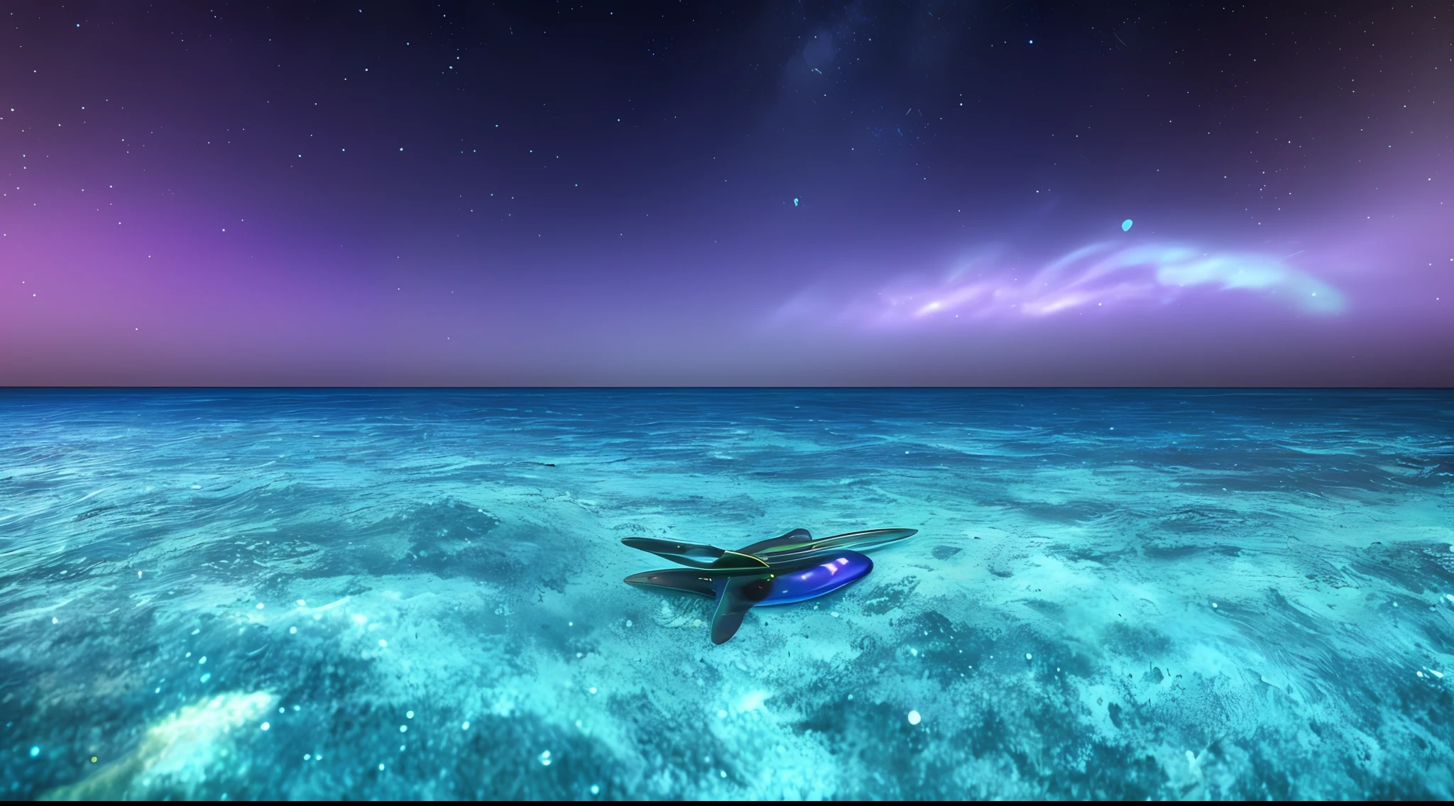 Smooth rolling waves (Blue ocean) outside on an alien planet, Beautiful transparent water, Night, Huge fish jumping from the waves, Spots of iridescent plankton in water, Sparkling water spray, The background is a deep purple sky dotted with stars, Unknown constellations in the sky, (Multiple satellites of random color:1.2), Glowing horizon, Masterpiece, Best quality, detailed 4K wallpaper, award winning art, Bokeh, Depth of field, hdr, full bloom, color difference, Extremely detailed, trending on artstationh, trending on CGSociety, Dramatic