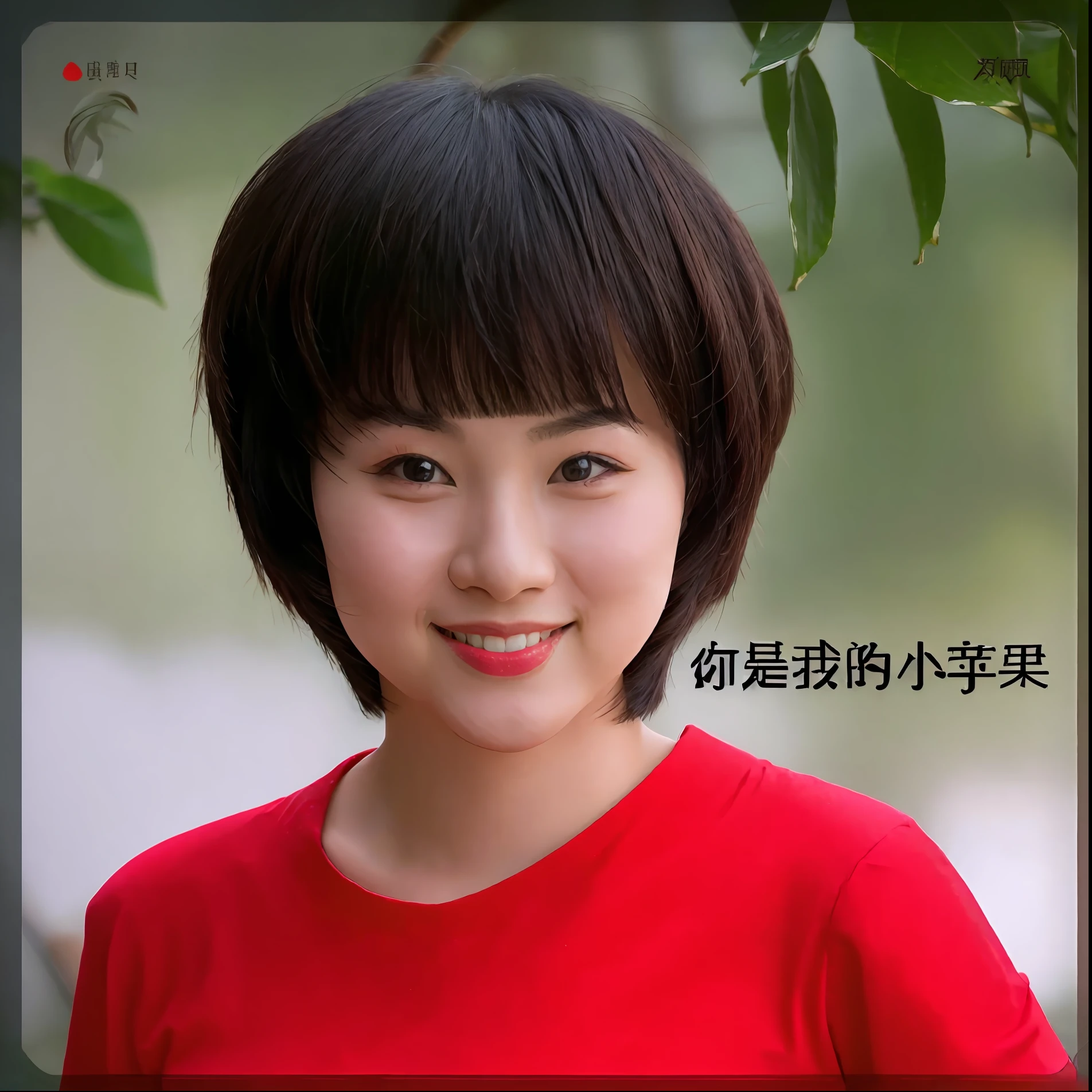 Alphad image of a woman in a red shirt and smiling, inspired by Yao Tingmei, with short hair, inspired by Li Mei-shu, xintong chen, inspired by Cheng Jiasui, short detailed hair,By bangs, Lu Ji, song nan li, Inspired by Tang Yifen, inspired by Li Fangying, xue han