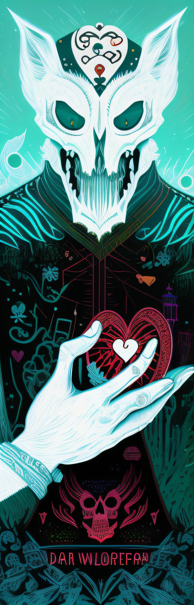 Draw a wolf skull,A man holds a heart in his hand, Dan Mumford and Alex Gray style, dan mumford tom bagshaw, in the style dan mumford artwork, inspired by Dan Mumford, full color digital illustration, psychedelic organic cyborg, psytrance artwork, ( ( ( ( ( dan munford ) ) ) ) ), psychedelic cosmic horror, Science-fi digital art illustration