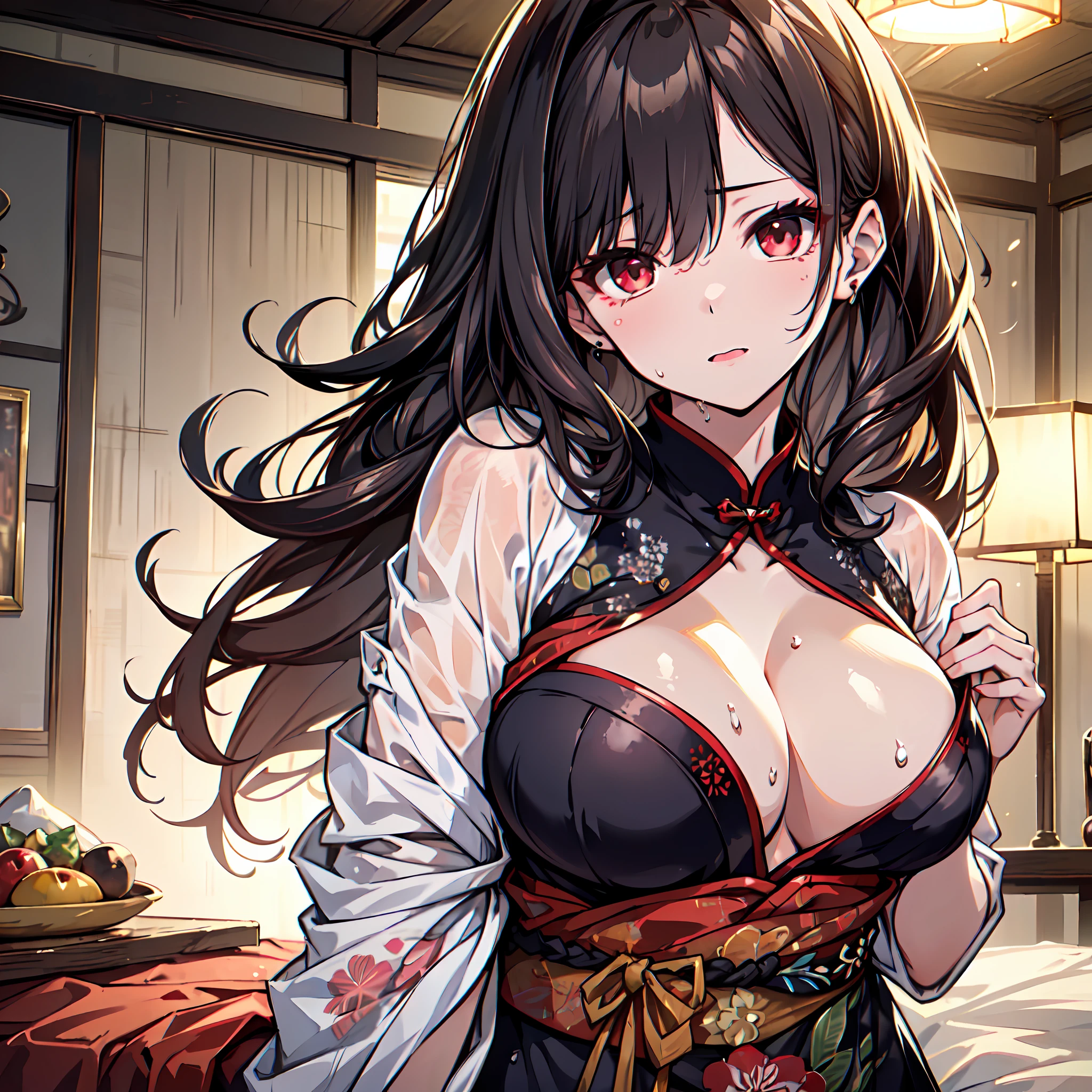 (maximum quality、8K、32k、masterwork、DTF:1.2)、Sexy Japan Woman Pictures、big chest、long dark hair、Longhaire、Upper bust、Facial Focus、Oversized、on a bed、Chest、Sheer cheongsam、Wet、 Writhing expression、 Rubbing your chest、 Red eyes、