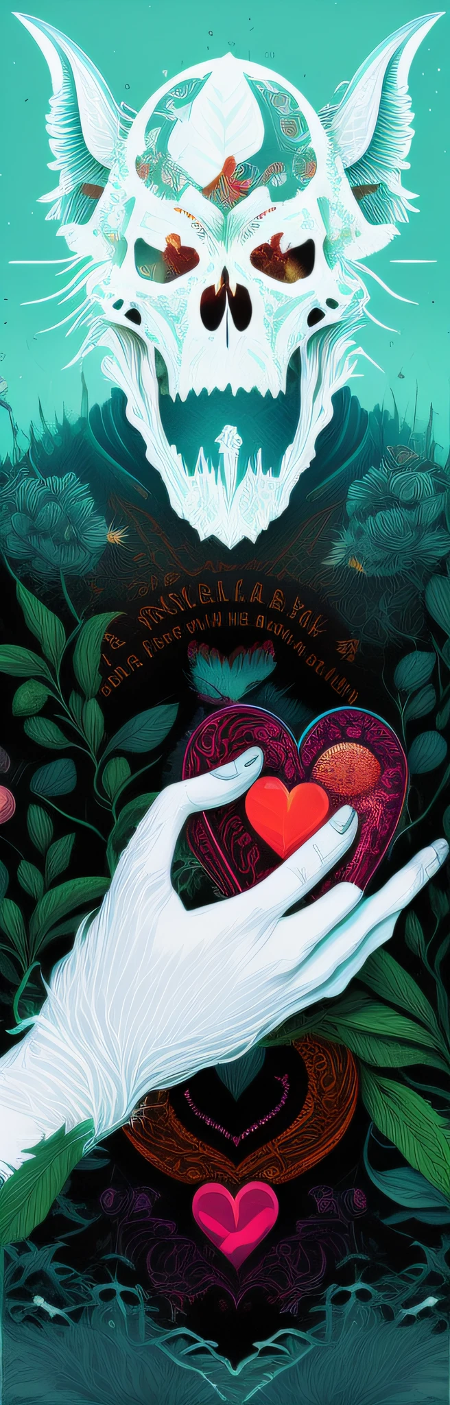 Draw a wolf skull，A man holds a heart in his hand, Dan Mumford and Alex Gray style, dan mumford tom bagshaw, in the style dan mumford artwork, inspired by Dan Mumford, full color digital illustration, psychedelic organic cyborg, psytrance artwork, ( ( ( ( ( dan munford ) ) ) ) ), psychedelic cosmic horror, Science-fi digital art illustration