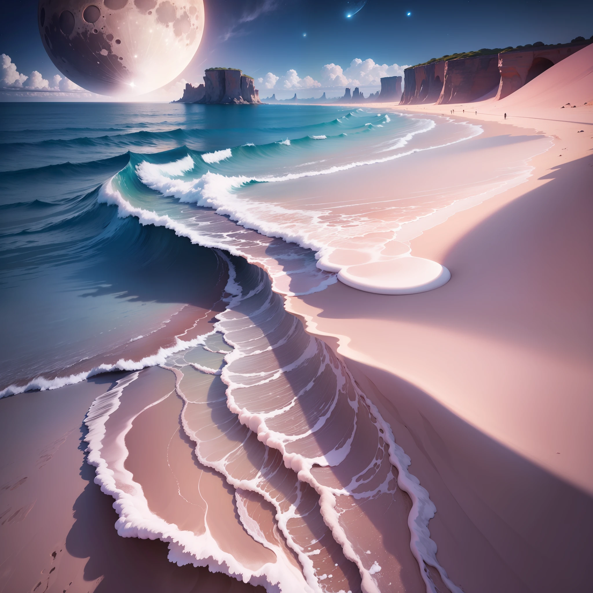 A painting of a beach,Pink full moon and some clouds,Magical beach,Sand white moon landscape,Surreal space,Magnificent background,Beautiful images have been created,universe in a grain of sand,Magical sea blue water drops,detailed dreamscape,The pink glow of the moon,Beautiful breathtaking dreamer,In the starlight plane) ),stunning screensaver,beautiful space,beautiful moon light