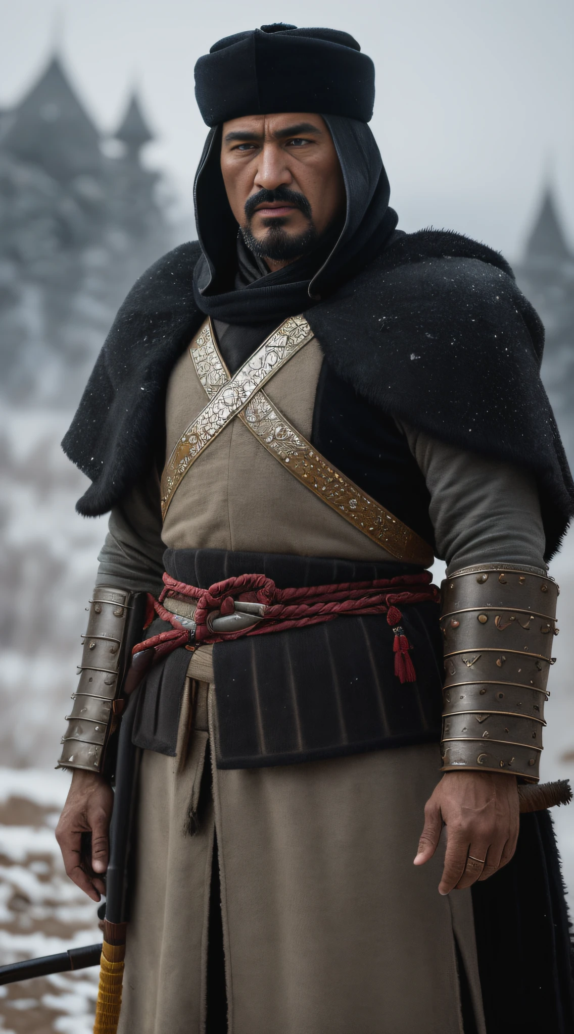 {A 60-year-old, battle-hardened Timur bin Taraghay Barlas in 14th-century Turco-Mongol warrior attire. His intimidating aura and fearsome appearance reflect his status in the 14th-century Timurid Empire era. The color scheme is predominantly cold.}, Realistic Style inspired by Greg Rutkowski, 70mm Lens, Three-Quarter Shot, (Detailed:1.25), (Cold Colours:1.2), (Artstation:1.2), (HDR:1.25)