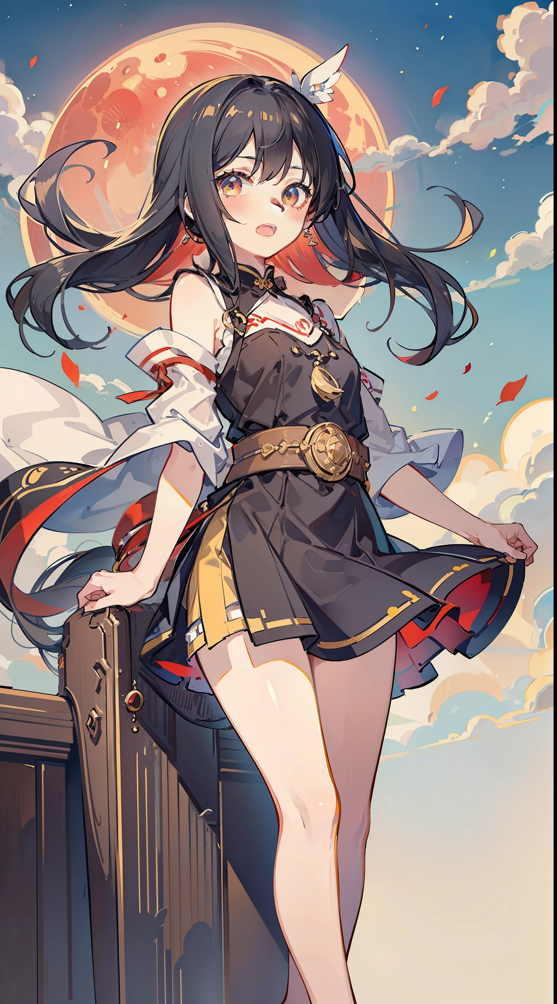 Masterpiece、hightquality、1girl in、hime-cut、Long black hair fluttering in the wind、Black mini dress、Waist belt、On the roof of a building、Red Moon、Cute anime illustration、