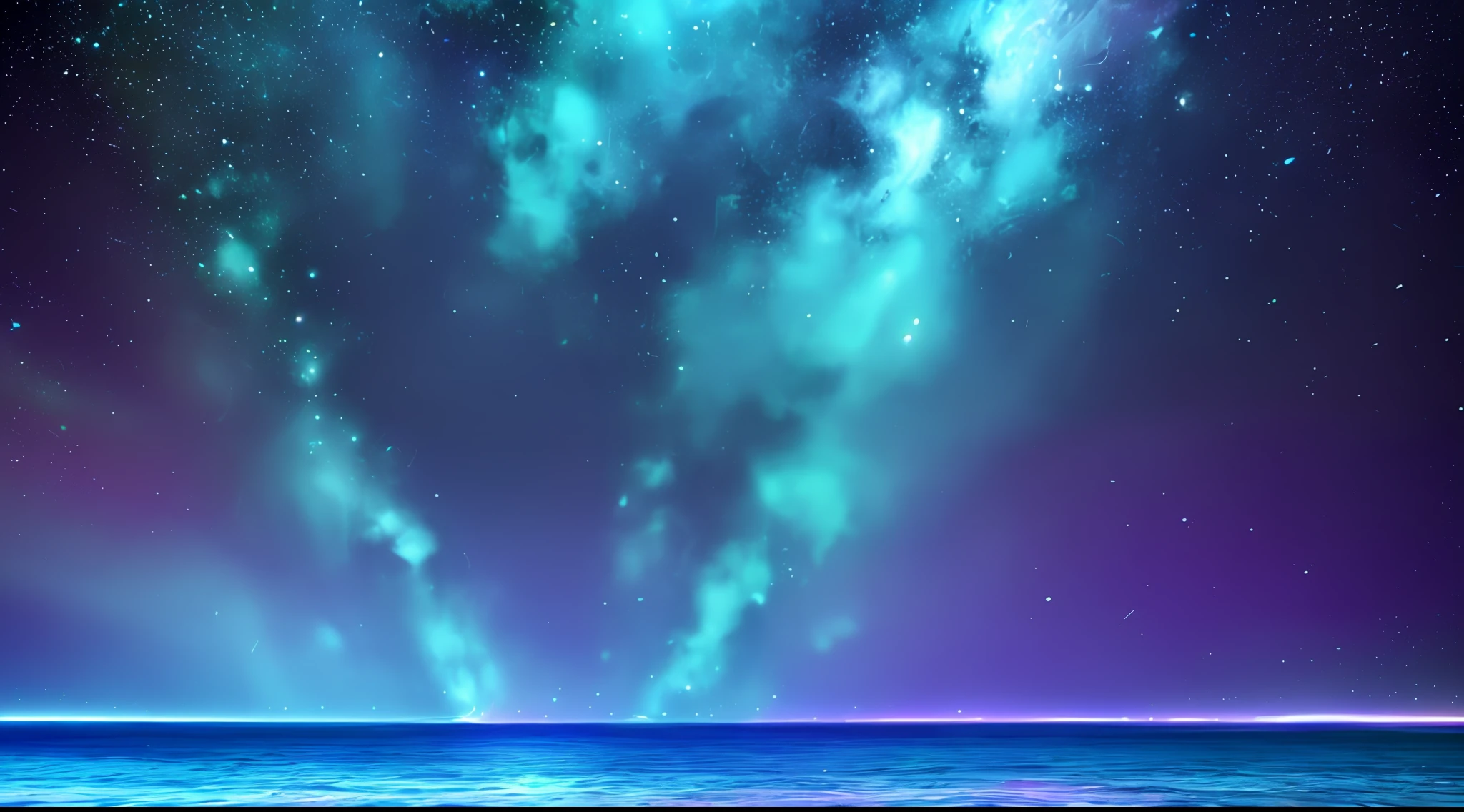 Smooth rolling waves (Blue ocean) outside on an alien planet, Beautiful transparent water, Night, Huge fish jumping from the waves, Spots of iridescent plankton in water, Sparkling water spray, The background is a deep purple sky dotted with stars, Unknown constellations in the sky, (Multiple satellites of random color:1.2), Glowing horizon, Masterpiece, Best quality, detailed 4K wallpaper, award winning art, Bokeh, Depth of field, hdr, full bloom, color difference, Extremely detailed, trending on artstationh, trending on CGSociety, Dramatic