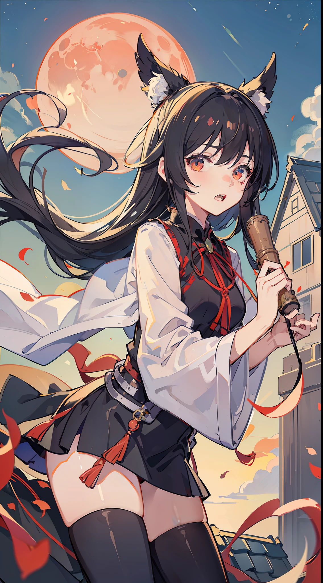 Masterpiece、hightquality、1girl in、hime-cut、Long black hair fluttering in the wind、Black mini dress、Waist belt、On the roof of a building、Red Moon、Cute anime illustration、