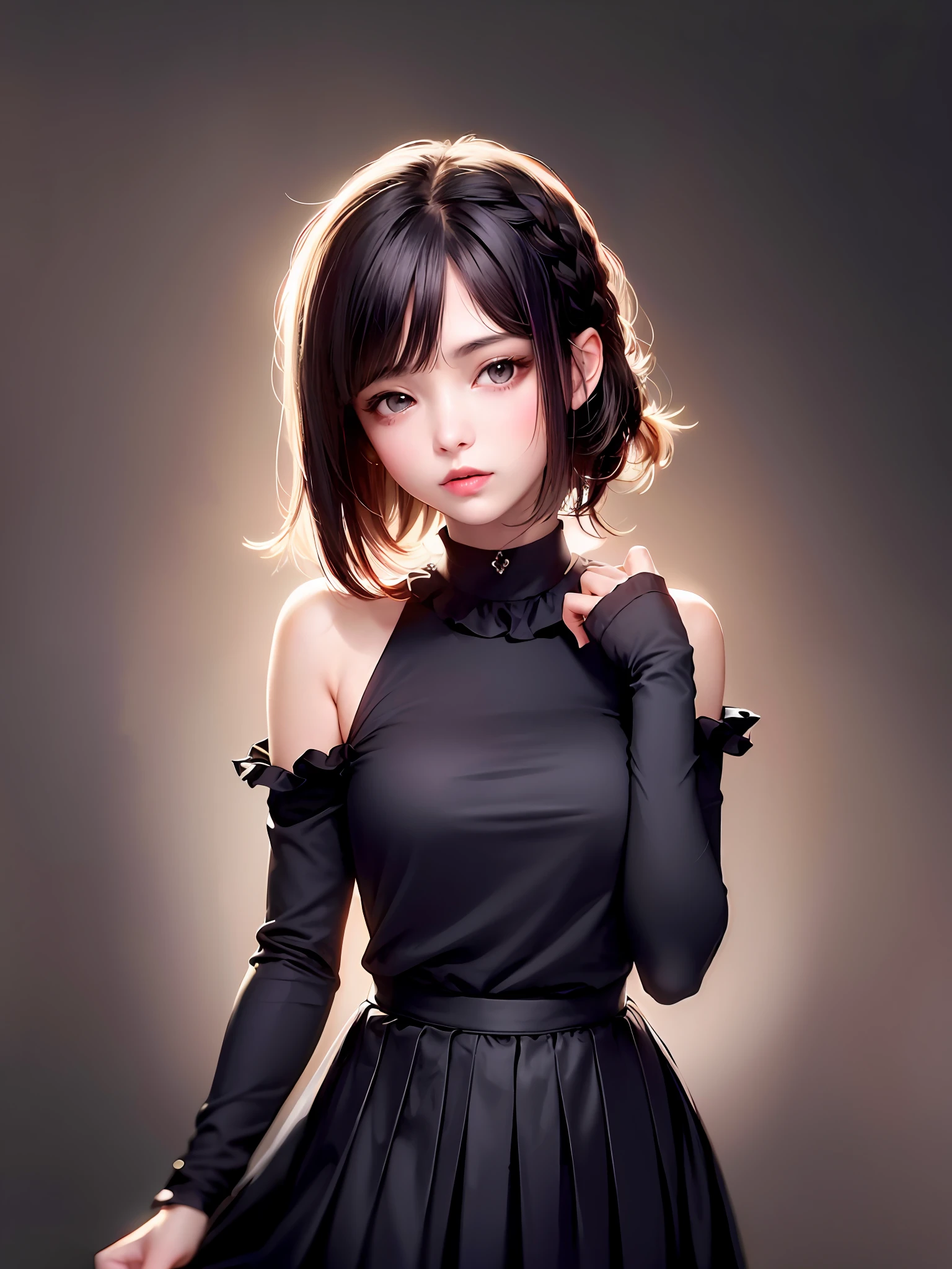 Lighting volume， girl，Dark ruffled collar top，short  skirt，Designer hairstyle，Quiet，Bust photo，deep dark background