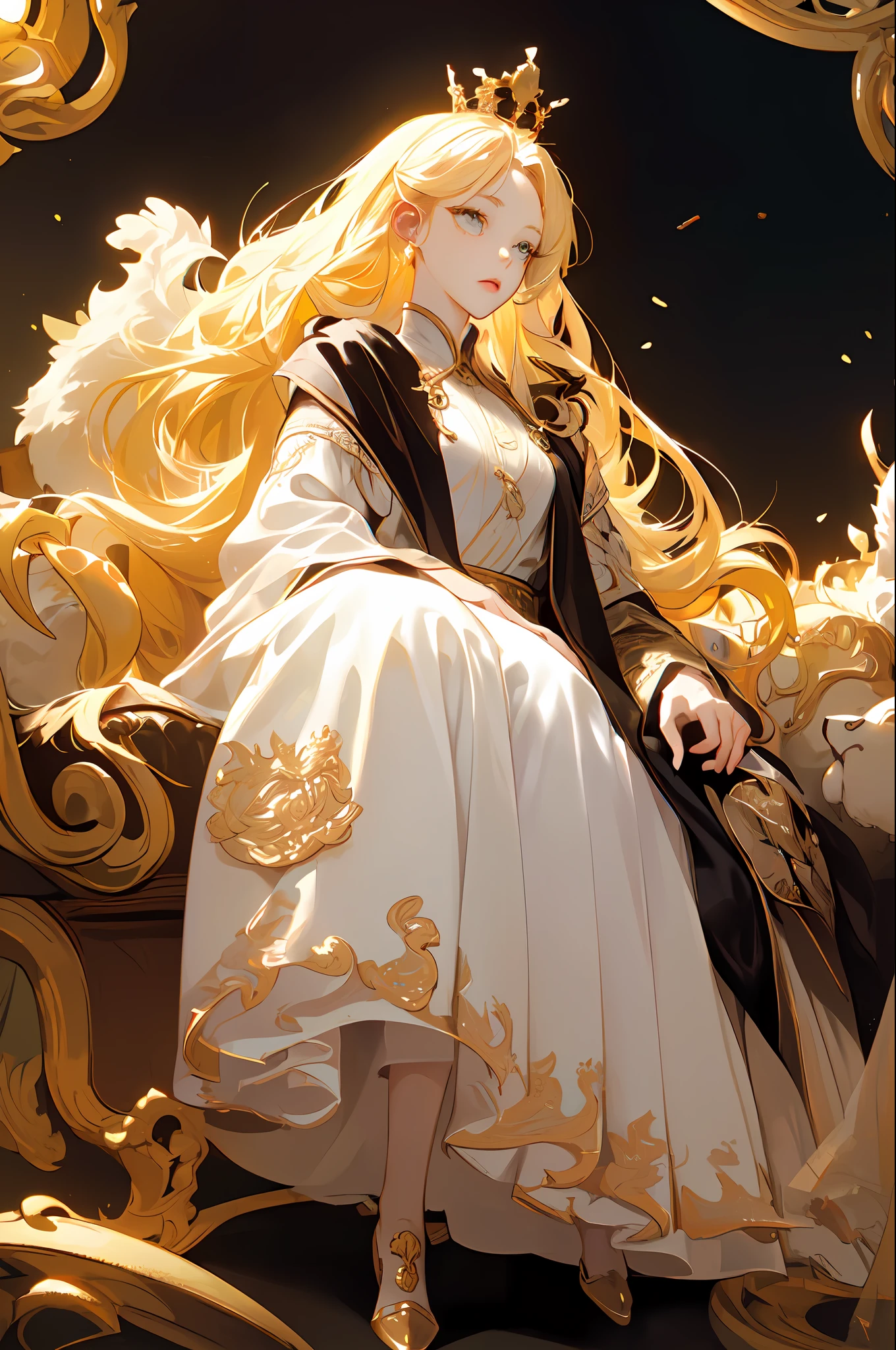 (hight resolution、​masterpiece、side lights、Beautiful Eyes of Details:1.2)、3D顔、realisitic、face perfect、Golden hair、A queen、His Majesty the Emperor、dignity、awe、Black and Gold theme、full body Esbian