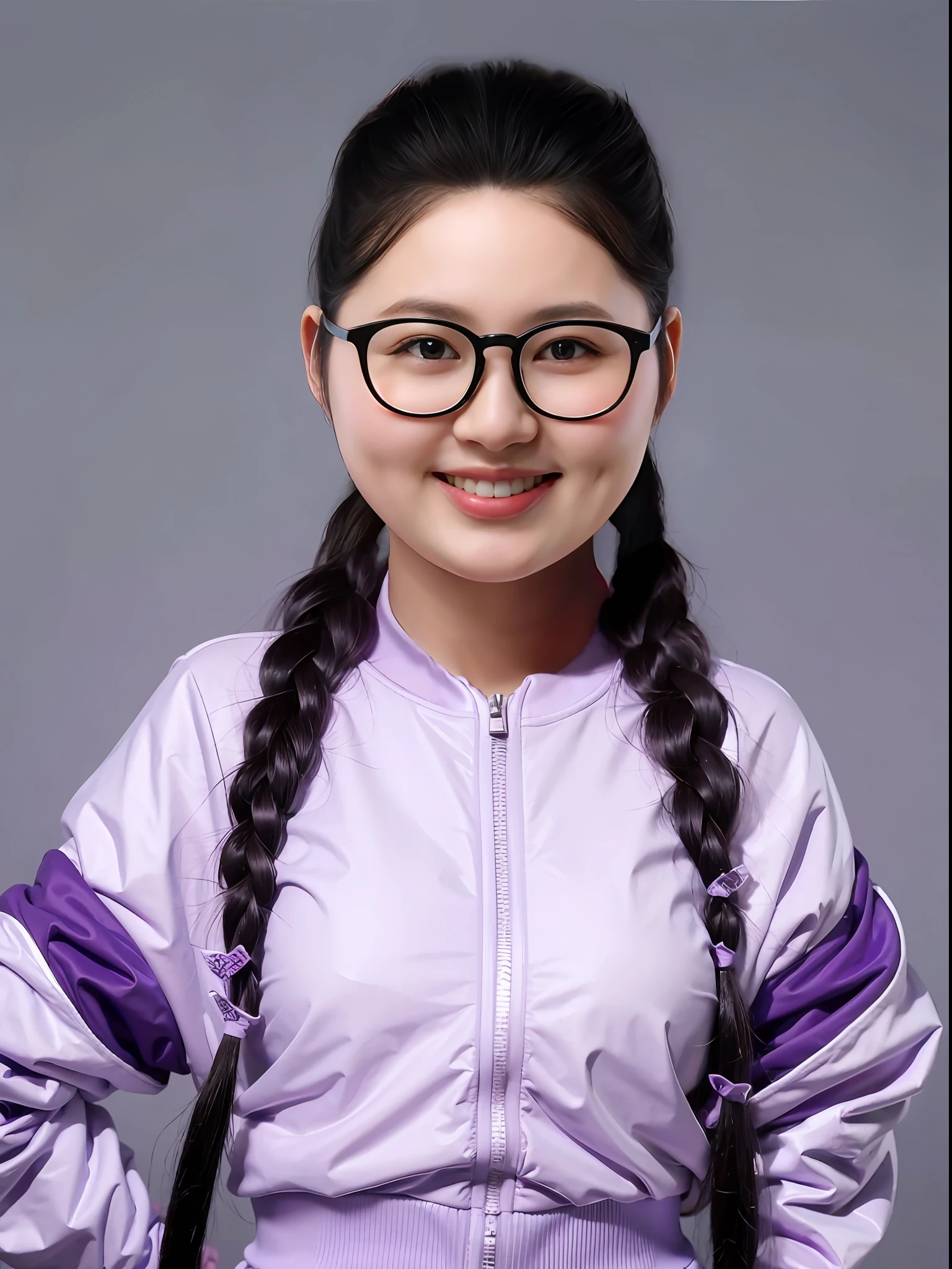 A Chinese high school girl,Wear a purple skinny PVC zipper sweatshirt,long braid