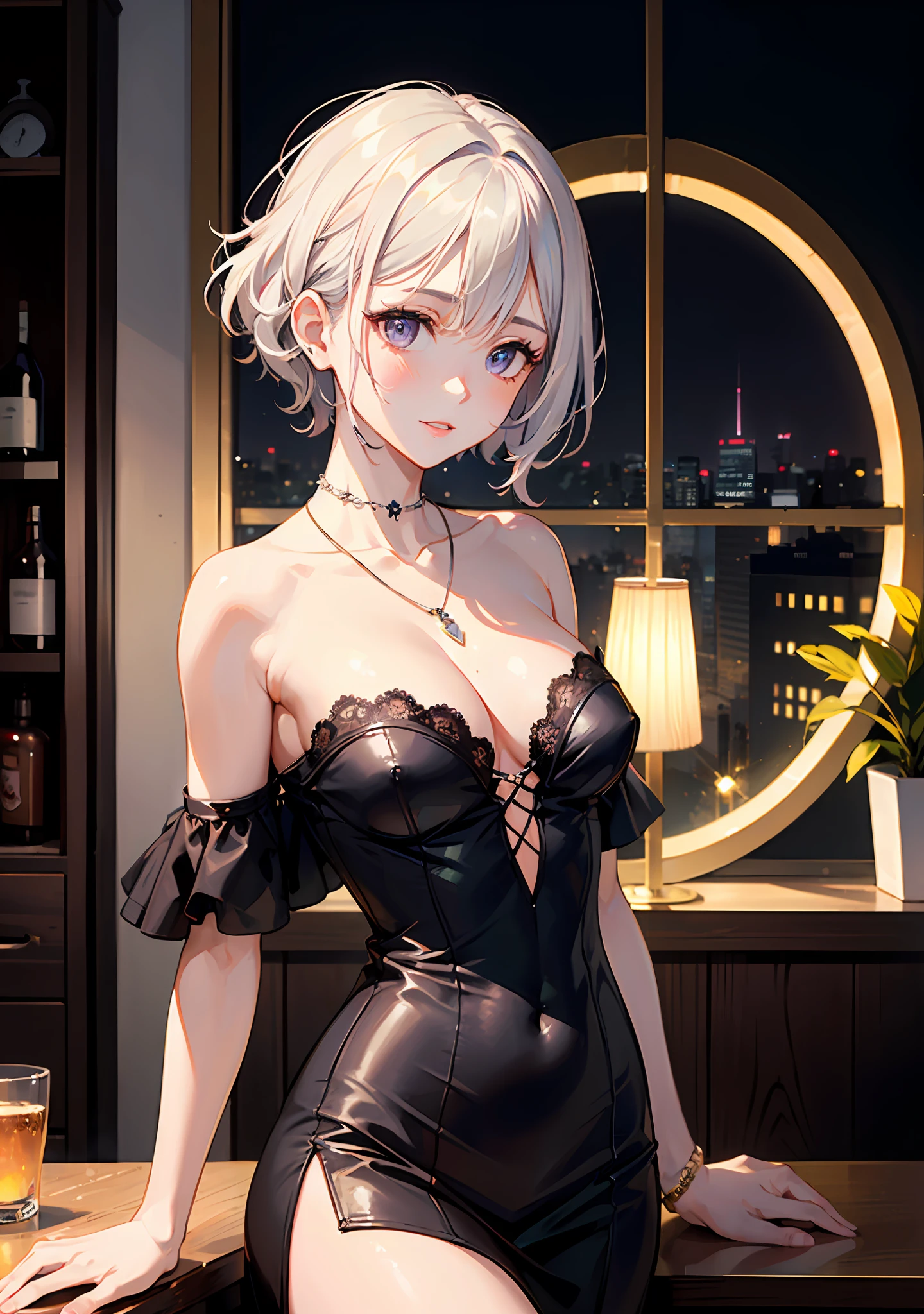 ((((masterpiece, best quality, high resolution)))), 1girl, white hair, purple eyes, short wavy hair, average breasts, blush, light smile, parted lips, glow, thighs, bare shoulders, collarbone, narrow waist, cleavage, (beautiful detailed face, beautiful detailed eyes), (revealing clothes:1.0), breasts curtain, sideboobs, plunging neckline, gorgeous silk dress, chain necklace, night time, night light, jazz bar