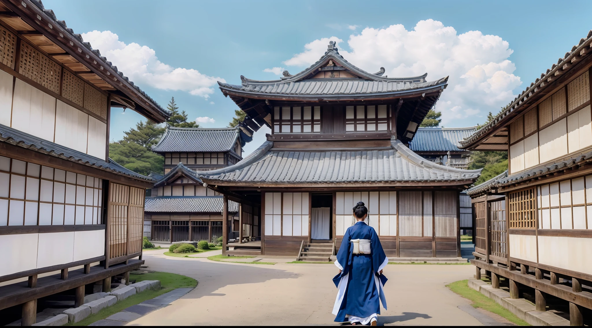 top-quality、​masterpiece、8K、The protagonist is the whole city、photo-like、Live action、realisitic、in the edo era、Old castle in Japan、castle town、blue-sky、Person in kimono々、